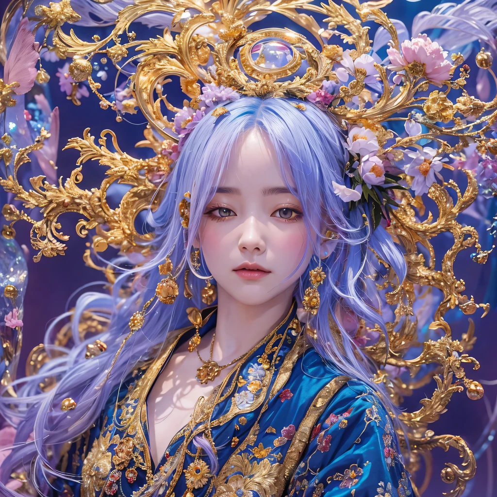 Poached egg series, blue,enamel,agate,A flesh-colored world,Blood Blue Maiden 32k(masterpiece,HD,Aoyama Pond,Ultra high quality,32k)long flowing bright blue hair,blood pool,Ziddink, a color,Grumpy (After greeting), (Linen scarf), fighting stance, looking at the ground, long white hair, Floating bright blue, Fire cloud gold headdress, Chinese long-sleeved gold silk burgundy garment, (Abstract metaverse splash:1.2), White background,Peony flower vitality protector(realistically:1.4),bright purple hair,Smoke on the road,The background is very pure, high resolution, detail, RAW photos, Sharp Re, Nikon D850 film photo by Jefferies Lee 4 Kodak Portra 400 camera F1.6 guns, colorful, Ultra-realistic and vivid textures, dramatic lighting, Unreal Engine Art Station Trend, Sinest 800,一个有着long flowing bright blue hair的女孩,huge colorful bubbles