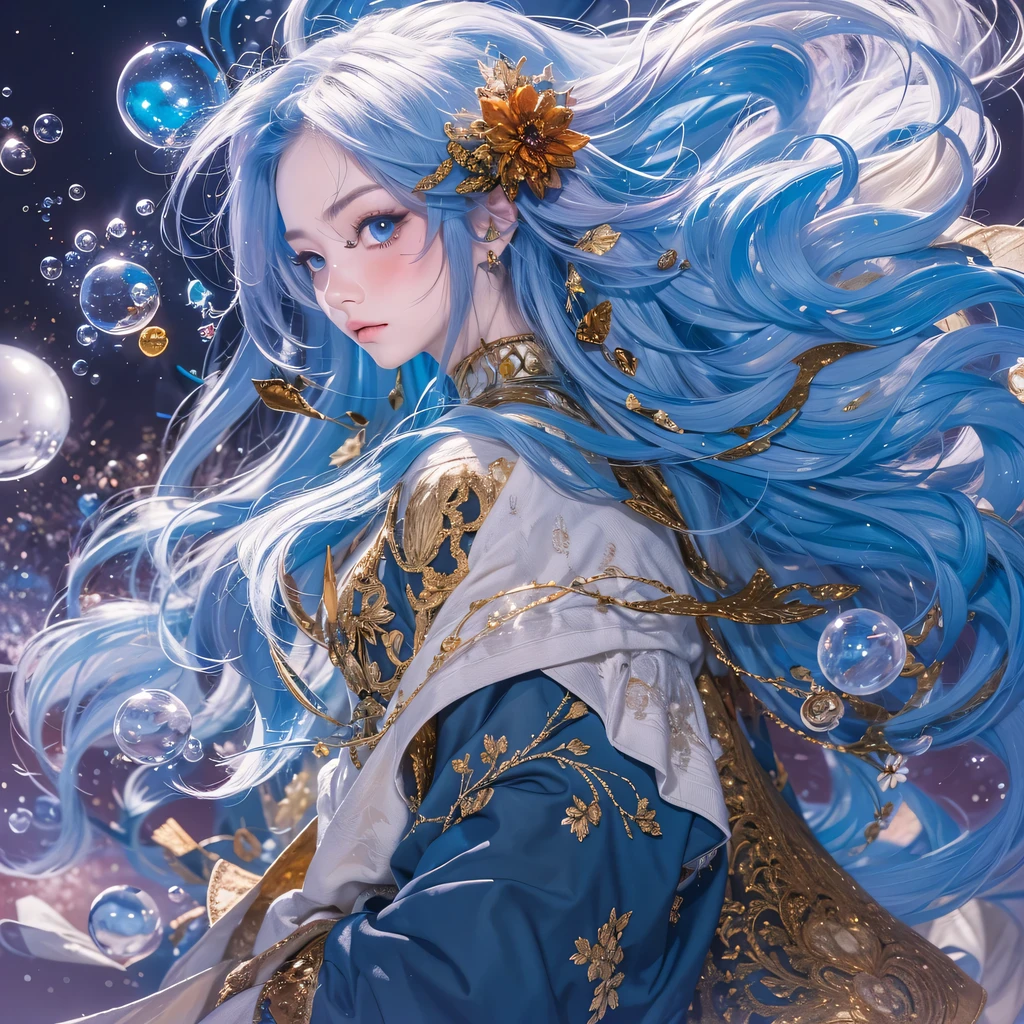 Poached egg series, blue,enamel,agate,A flesh-colored world,Blood Blue Maiden 32k(masterpiece,HD,Aoyama Pond,Ultra high quality,32k)long flowing bright blue hair,blood pool,Ziddink, a color,Grumpy (After greeting), (Linen scarf), fighting stance, looking at the ground, long white hair, Floating bright blue, Fire cloud gold headdress, Chinese long-sleeved gold silk burgundy garment, (Abstract metaverse splash:1.2), White background,Peony flower vitality protector(realistically:1.4),bright purple hair,Smoke on the road,The background is very pure, high resolution, detail, RAW photos, Sharp Re, Nikon D850 film photo by Jefferies Lee 4 Kodak Portra 400 camera F1.6 guns, colorful, Ultra-realistic and vivid textures, dramatic lighting, Unreal Engine Art Station Trend, Sinest 800,一个有着long flowing bright blue hair的女孩,huge colorful bubbles