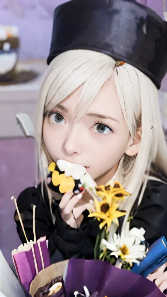 anime girl with a hat and a bouquet of flowers, yuruyuri, anime hi-fructose, anime food, sh, shikamimi, , hajime yatate, nightcore, hanayamata, senko-san, official artwork, yoko taro, white haired deity, anime visual of a cute girl, eating cakes