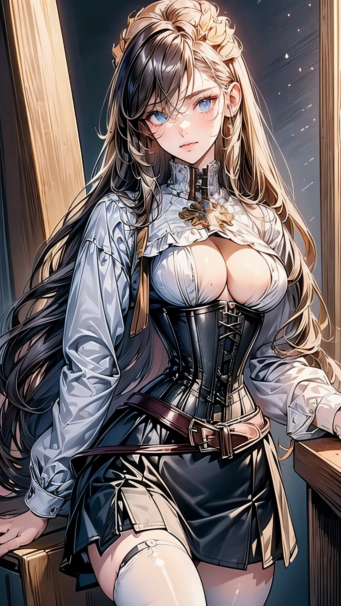 (((masterpiece)))、((highest quality))、(super detailed)、(CG illustration)、(so beautiful ))、cinematic light、(((1 Mechanical Girl)))、 SF、Apocalypse、erotic grotesque、(beautiful and luxurious:1.2)、(1 girl:1.3)、facing the front, (double breasted,under bust:1.2), button gap,(((corset belt))),(((high waist mini skirt,)))