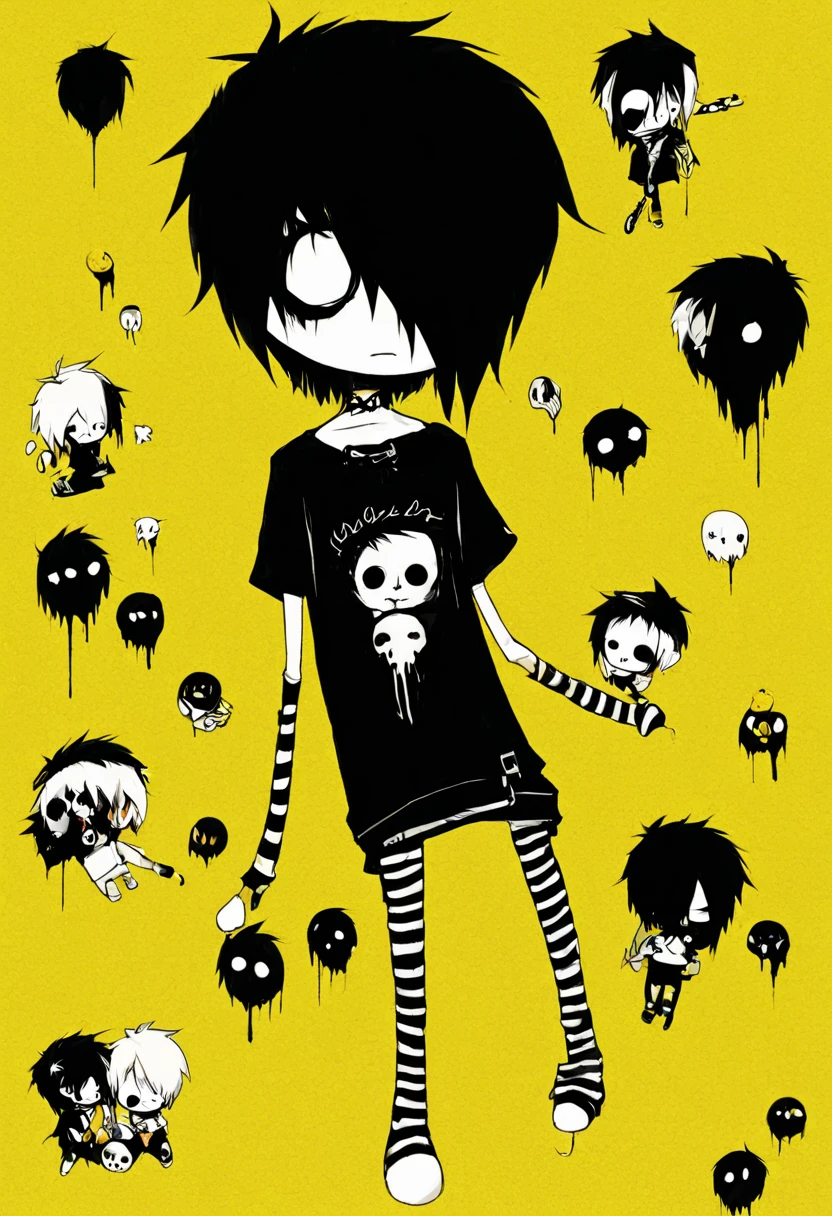 score_9, 2000s emo, use bike, full body, hair over one eye, clothed, yellow background, hair, shirt, humanoid, choker, male, striped socks, black hair, striped, safe, solo, chibi, simple background, clothing, o_o, undead, 1boy