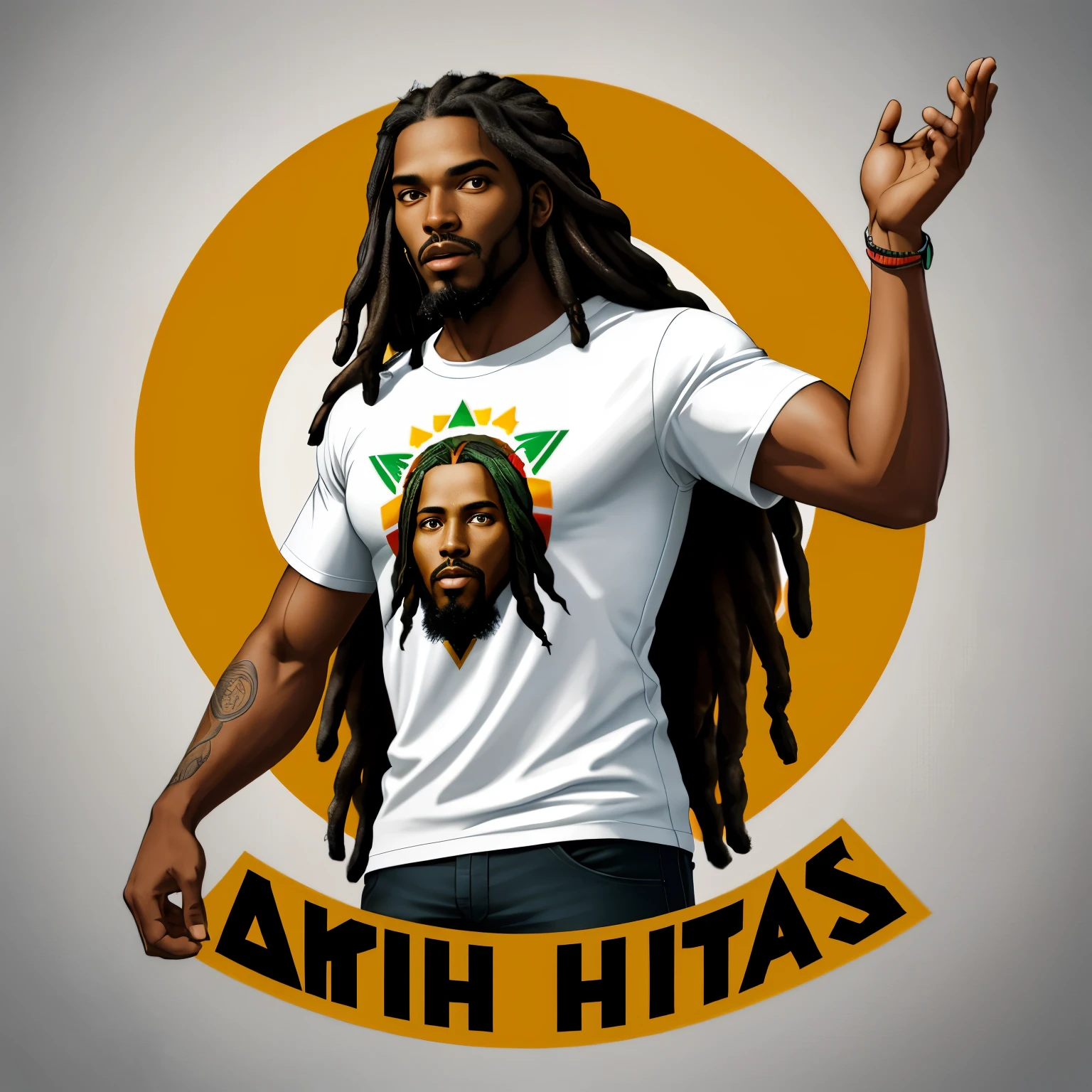 logotipo, first black rastafarian jesus withlong, residencial integrado Himmer dirigindo nas montanhas, high detail vector graphic on a t-shirt