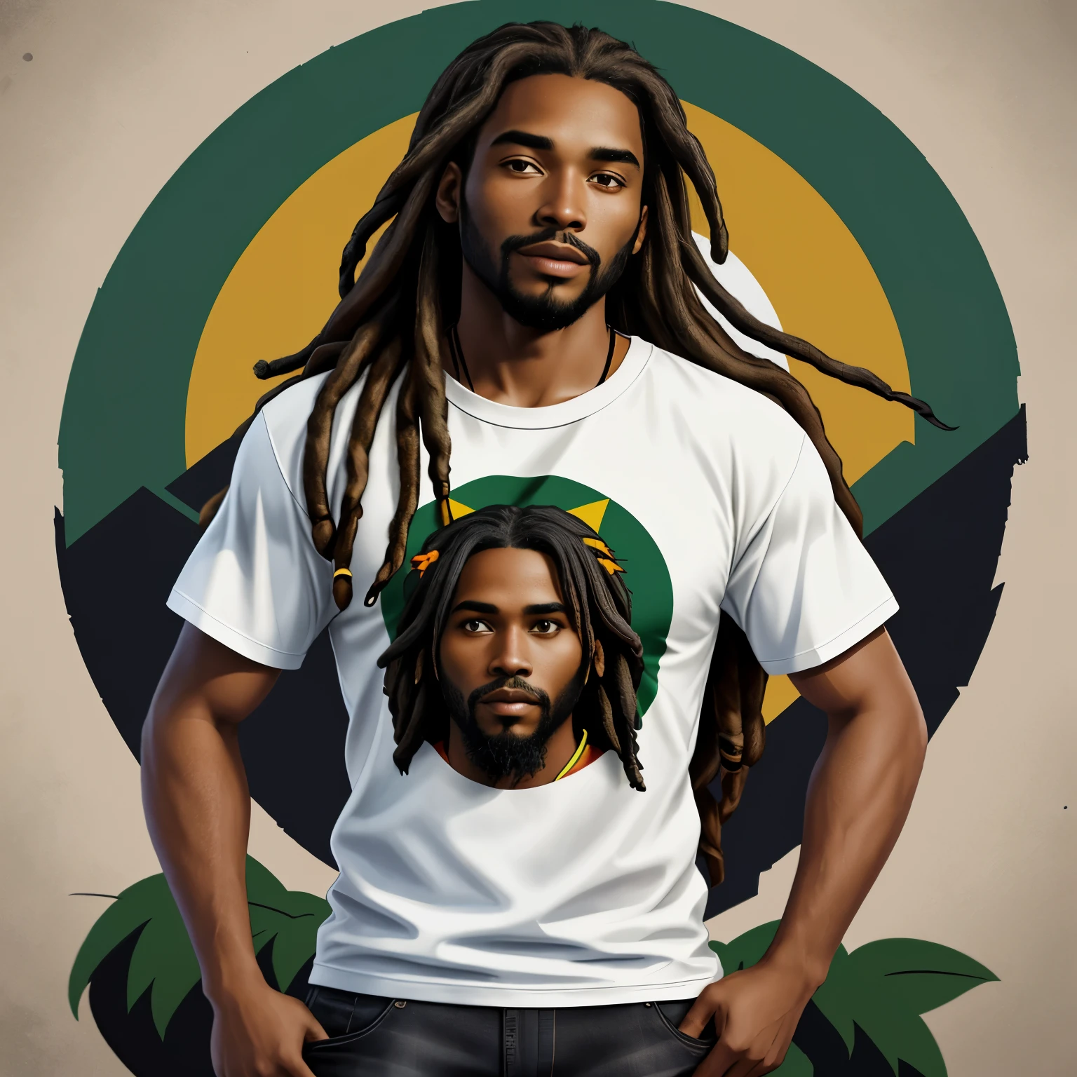 logotipo, first black rastafarian jesus withlong, residencial integrado Himmer dirigindo nas montanhas, high detail vector graphic on a t-shirt