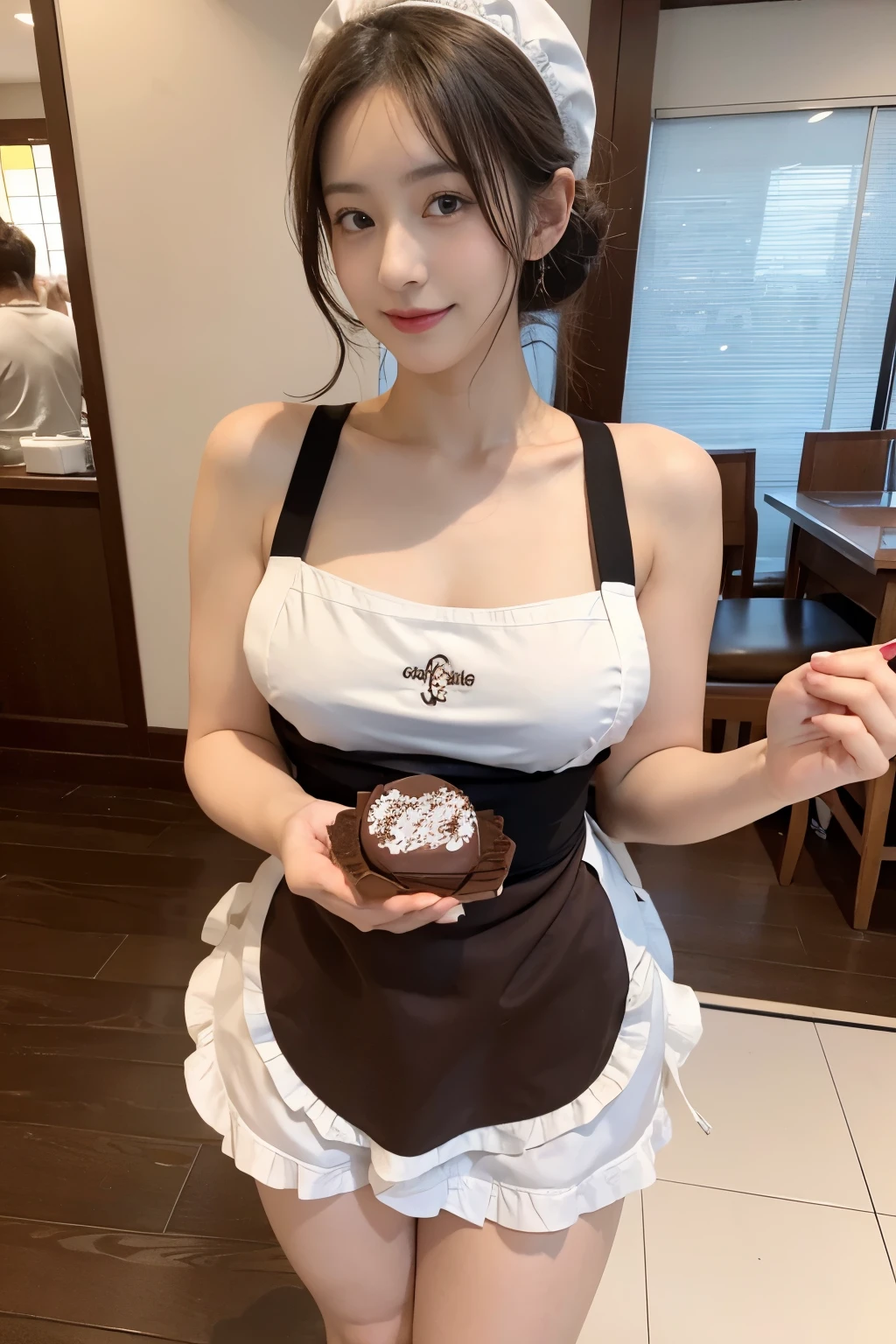 The most beautiful 25-year-old women, Detailed body with big breasts, (((Holding a delicious-looking gateau chocolate in your hand))), (((naked apron))),((maid style apron)),  lip details, detailed eye, double eyelid, huge breasts, dark brown short hair, thighs thighs, Are standing, (Photoreal:1.4), (best image quality:1.0), (ultra high resolution:1.0), 8k, RAW photo, (masterpiece), Inside a maid cafe in Akihabara、beautiful toes
