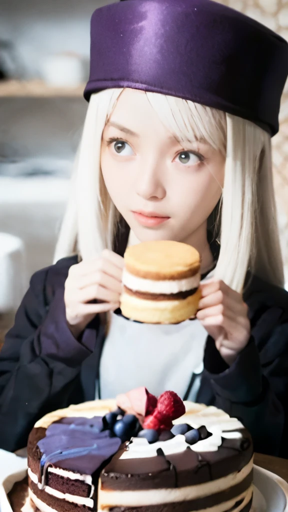 anime girl with a hat and a bouquet of flowers, yuruyuri, anime hi-fructose, anime food, lolish, shikamimi, , hajime yatate, nightcore, hanayamata, senko-san, official artwork, yoko taro, white haired deity, anime visual of a cute girl, eating cakes,紫色服装,紫色服装,紫色服装,紫色服装,紫色服装,紫色服装,紫色服装,紫色服装,紫色服装,