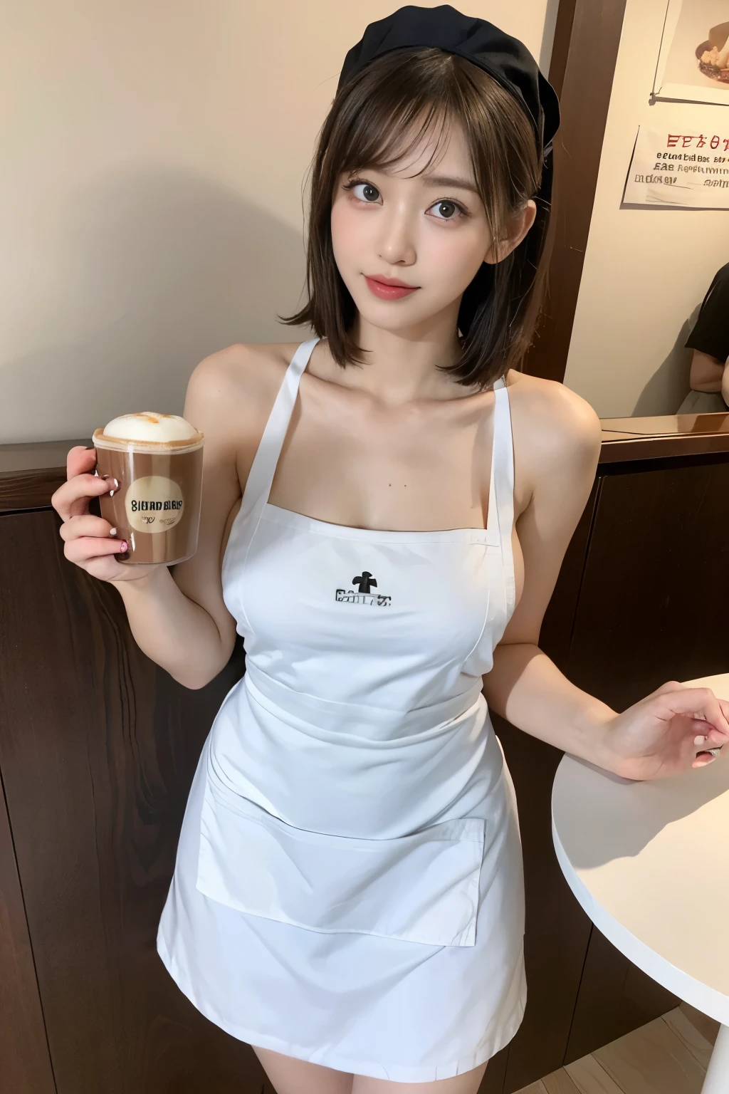 The most beautiful 25-year-old women, Detailed body with big breasts, (((holding hot coffee in hand))), (((naked apron))),((maid style apron)),  lip details, detailed eye, double eyelid, huge breasts, dark brown short hair, thighs thighs, Are standing, (Photoreal:1.4), (best image quality:1.0), (ultra high resolution:1.0), 8k, RAW photo, (masterpiece), Inside a maid cafe in Akihabara、beautiful toes