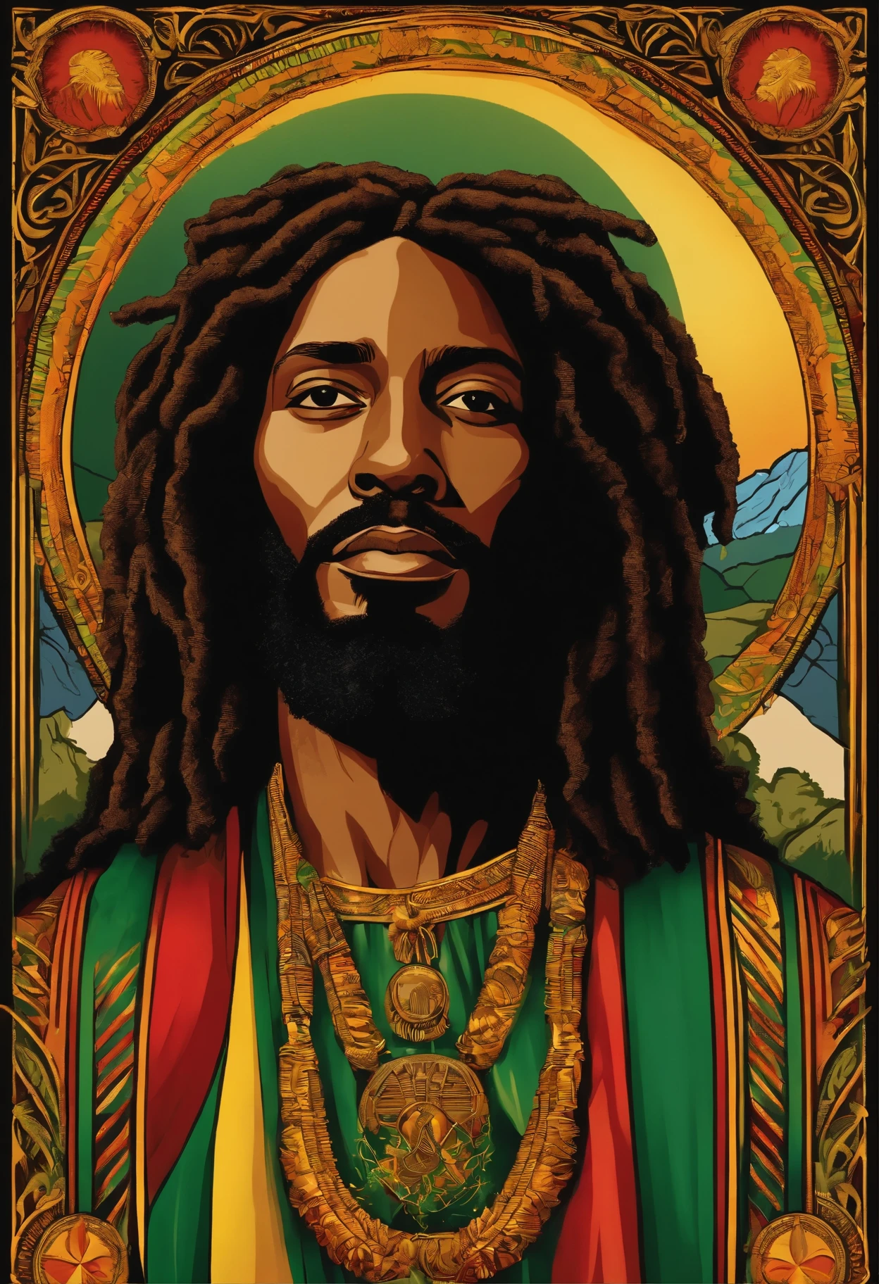 integrado, first black rastafarian jesus withlong,residencial Himmer dirigindo nas montanhas, Great detail vector graphic on a t-shirt

