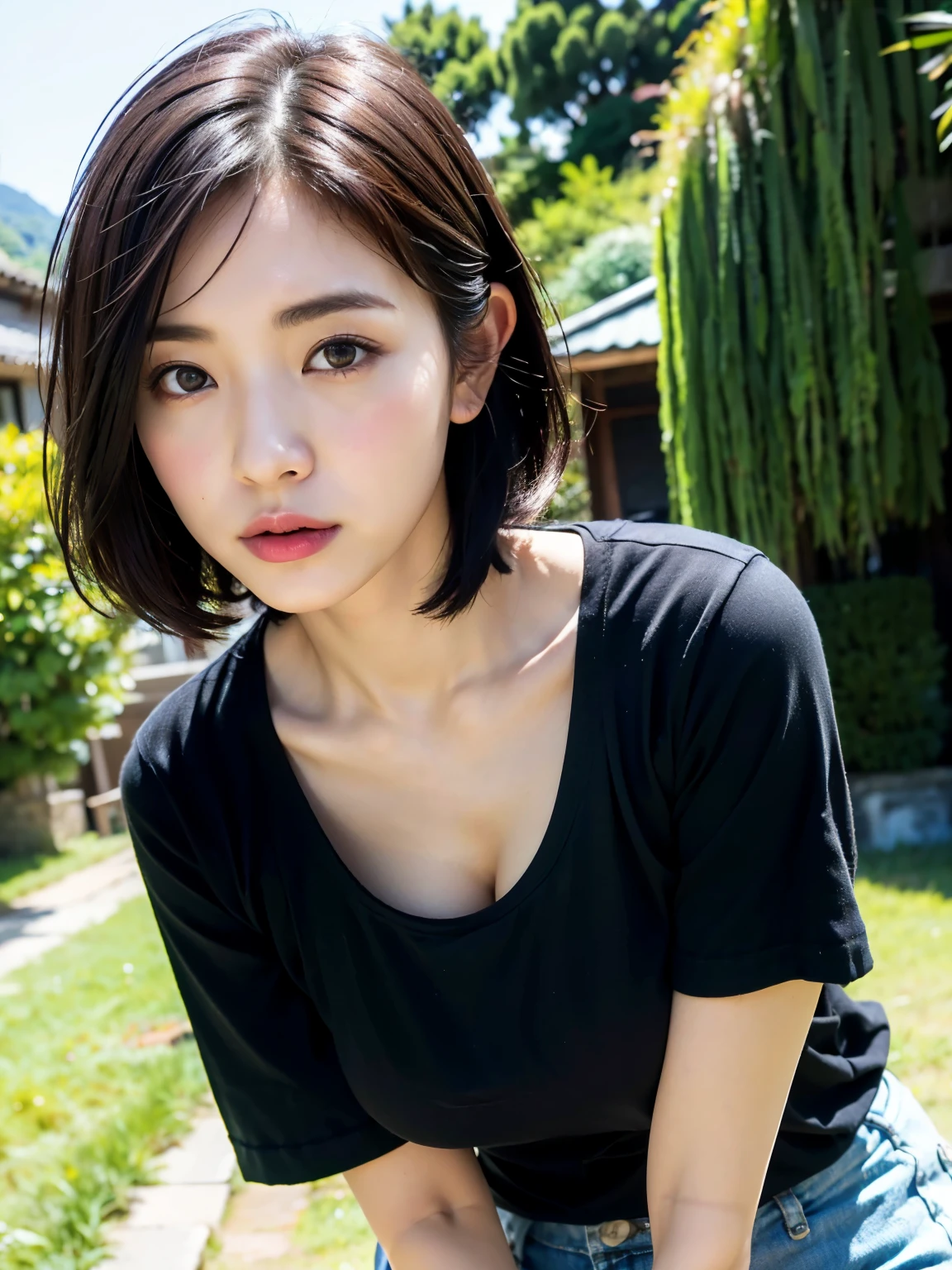 (highest quality、8k、32K、masterpiece、Hmm:1.2)、photo of cute japanese woman、black short hair、beautiful face、(leaning forward:1.3)、squat、(From above:1.2)、(Close-up:1.4)、throw、loose t-shirt、big and full breasts、(Beautiful breasts:0.9)、outside the house、Wind、shiny skin、blurred background、in the mountains、