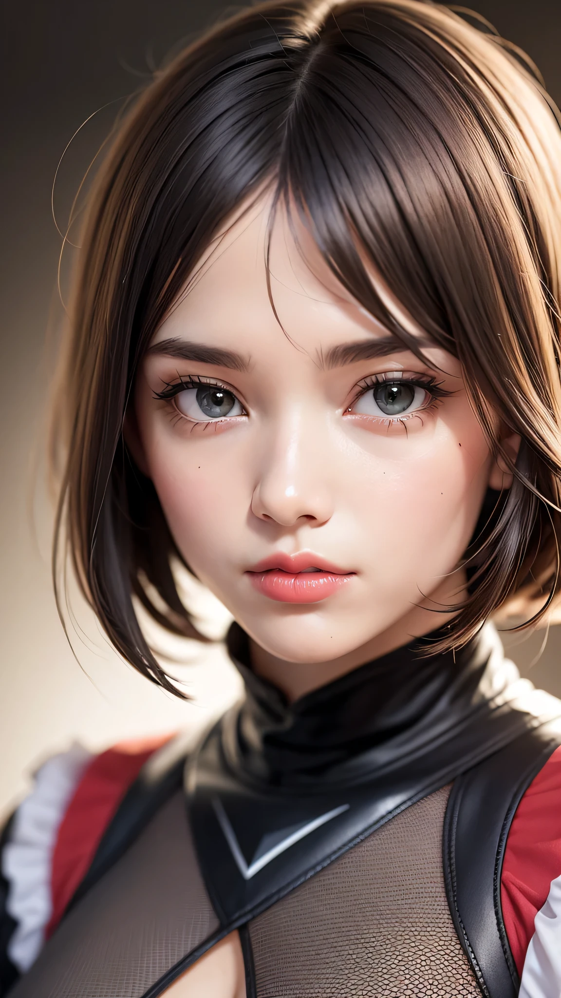 Beauty anime girl /// (Character) wearing detailed combat body suit with scarf, upperbody shots, detailed skin, face sharp focus, detailed eyes and pupils (and red lips), detailed bob cut hair, intricate details and sharp, masterpiece, global illumination, real shadow, bokeh, best quality, photorealistic, realistic, 8k, 3d