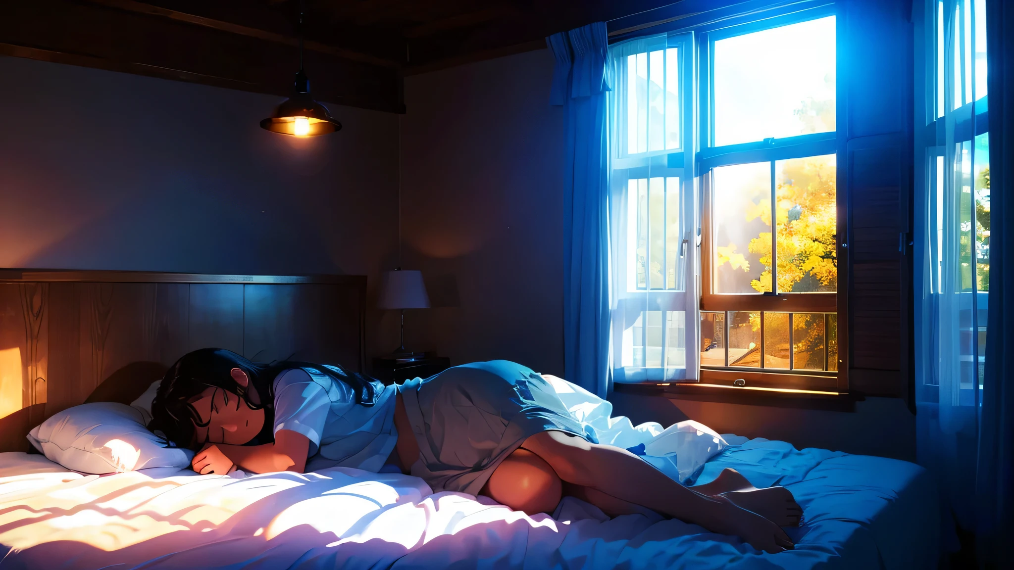 High resolution,High resolution,high quality,inside the room,light shining through the window,woman sleeping in bed,