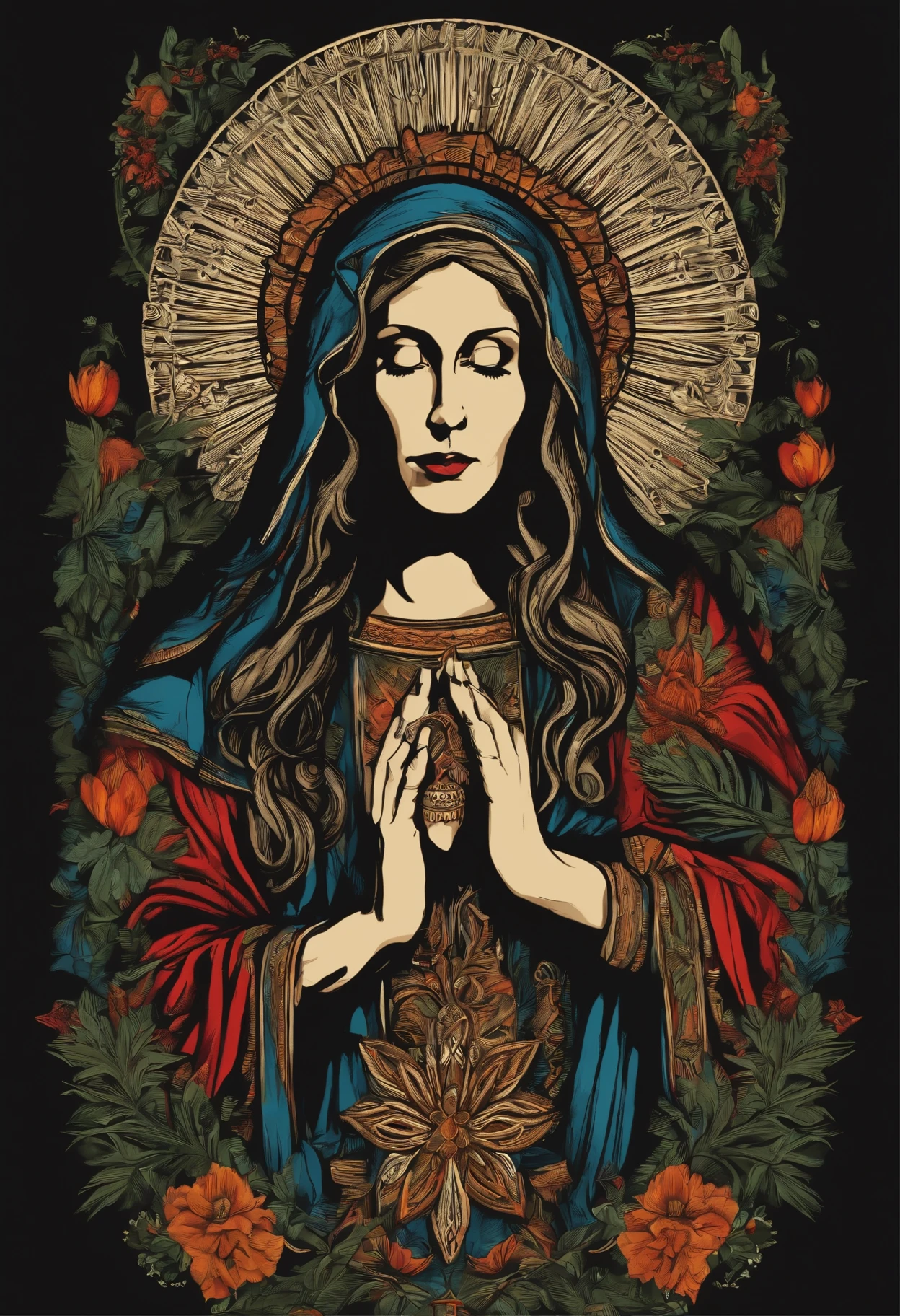 integrado, black dreadlocks skin Virgin Mary ,residencial Himmer dirigindo nas montanhas, Great detail vector graphic on a t-shirt