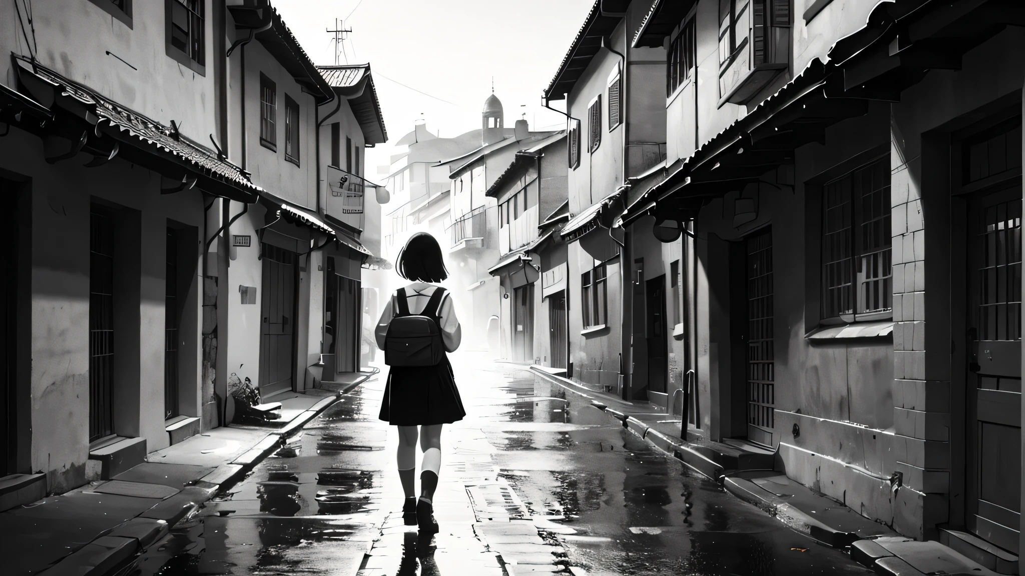 High resolution,High resolution,high quality,Girl carrying a school bag,standing alone'turned away,old Town,nostalgic,monochrome