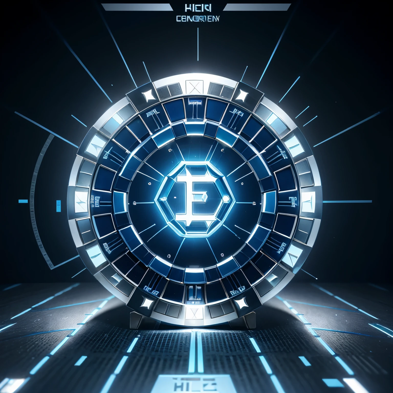 1. Deep blue gradient background 2. gold/Silver hexagonal honeycomb structure 3. Digital currency symbol XYZ(Like Bitcoin “B”)
4. Chain icon 5. shield icon 6. Binary code element 7. White/Bright silver characters 8. Center pattern highlight 9. Background glow effect 10. Simple technological border(Optional circuit board styles)