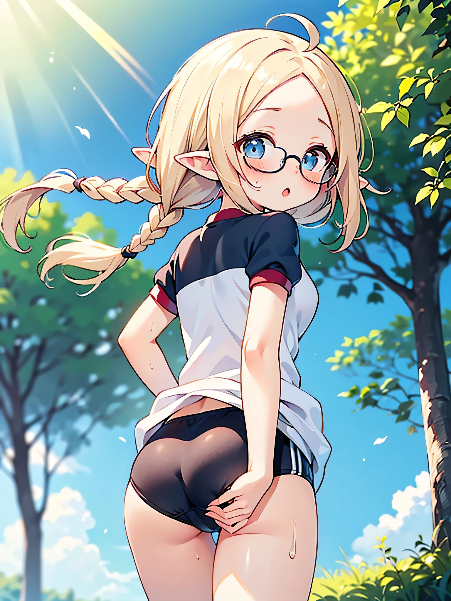 ultra detailed, best quality, high resolution, 8k, beautiful, pale skin, , perfect face, ((chibi:1.3)), ((solo:1.3)), (glossy blonde hair), (very short hair), blue eyes, (ahoge:1.3), ((glasses)), ((pointy ears)), (blush:1.4), ((cowboy shot)), (happy smile:1.2), ((forehead:1.2)), ((twin braids)), ((gym uniform)), ((:3, uwu)), ((running)), sweat:1.2, ((:o:1.5)), open mouth, green ground, (sunlight:1.2), medium breasts, (sunlight filtering through the trees), (windy:1.3), ((shirt lift)), (from below), ((looking away)), ((from behind))