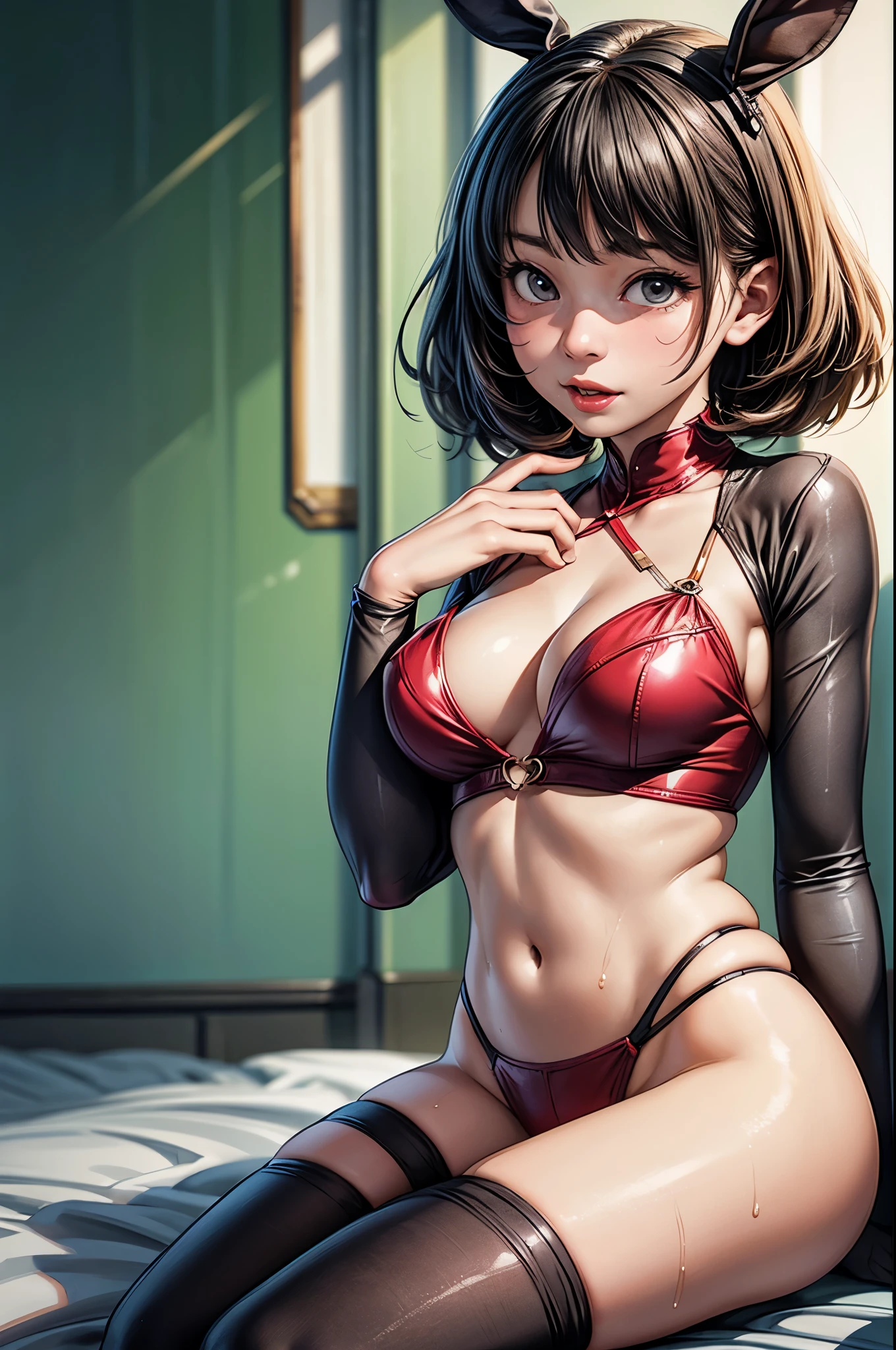 (Photoreal: 1.4, best quality, In 8K ), ( 20-year-old, korean beautiful woman、bunny girl costume、Fishnet tights、Sweat: 1.2, bob cut hairstyle), fine skin, (movie lighting), soft light, double eyelid, ((solo、big breasts:1.5、cleavage、bust up shot:1.3、function:1.4、Wet:1.3、laughter))