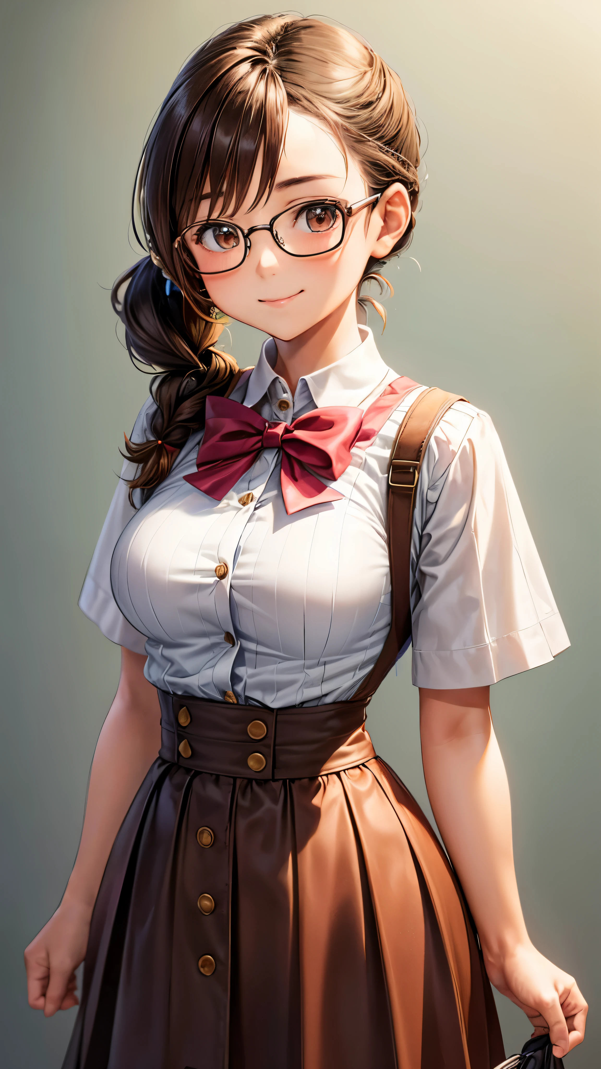 1 female,12 years old,brown hair,beautiful low ponytail hairstyle, (high waist skirt:1.3),, (knit), (double breasted,under bust:1.2), short sleeve, gap between buttons,natural smile,,frameless eyeglasses,