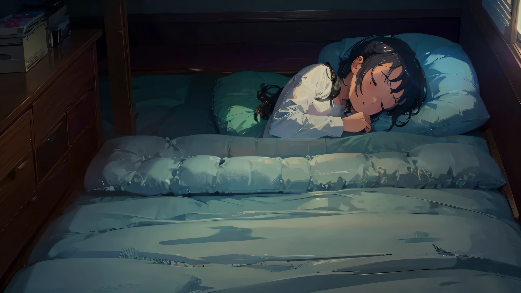A young woman lies in bed with her foot in a curative cast. The room is dimly lit, with a window in the background showing dense, dark woods. Her expression is of unease. The womman has black hair, slightly curled. Shadows lurking on the corners of the room.