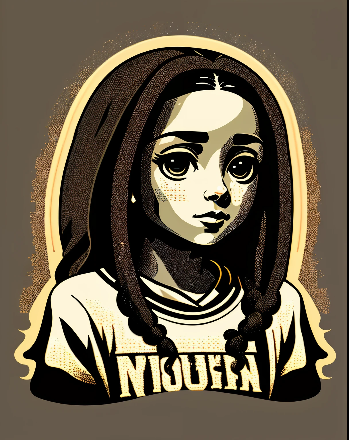 integrado, black dreadlocks skin Virgin Mary ,residencial Himmer dirigindo nas montanhas, Great detail vector graphic on a t-shirt