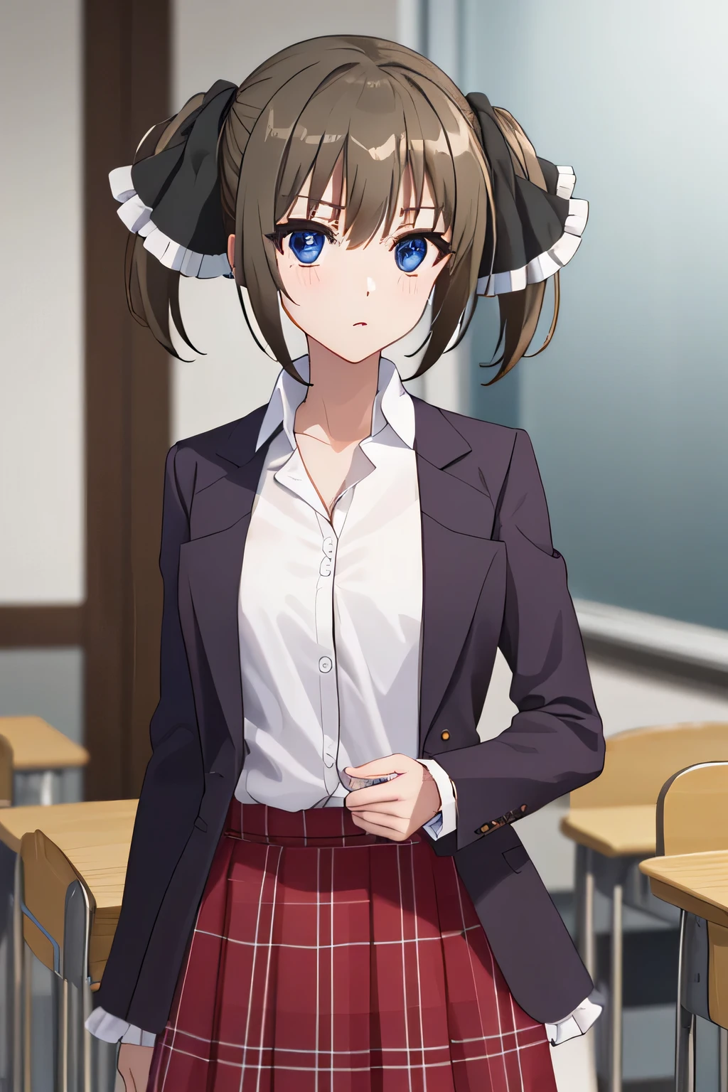 minatsushiina, minatsu shiina, blue eyes, brown hair, ribbon, twintails, hair ribbon,
BREAK skirt, school uniform, plaid, plaid skirt, shirt, white shirt, collared shirt, jacket, long sleeves, black jacket,
BREAK indoors, classroom,
BREAK looking at viewer, (cowboy shot:1.5),
BREAK (masterpiece:1.2), best quality, high resolution, unity 8k wallpaper, (illustration:0.8), (beautiful detailed eyes:1.6), extremely detailed face, perfect lighting, extremely detailed CG, (perfect hands, perfect anatomy),