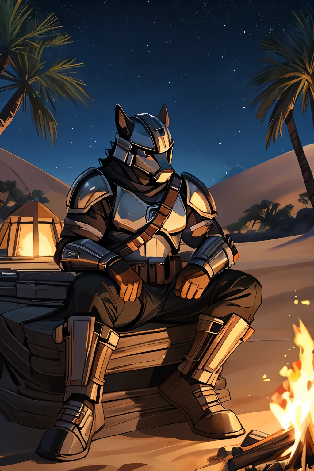 solo, (horse), anthro, male, anthro equine, muscles, handsome, armor, 
outdoors, outside, full body picture of an anthro equine in mandalorian armor with his helmet removed sitting on a tree branch near the campfire in the desert, campfire, desert, sand, night, moonlight, shiny armour, star wars, mandalorian armor, helmet removed, StarWMandalorian, 1boy, helmet, Secluded, epic, depth of field, perfect lighting, (light particles),(best quality),(masterpiece),(ultra detailed),sharp focus,light particles, detailed eyes, looking_at_viewer, solo, furry,