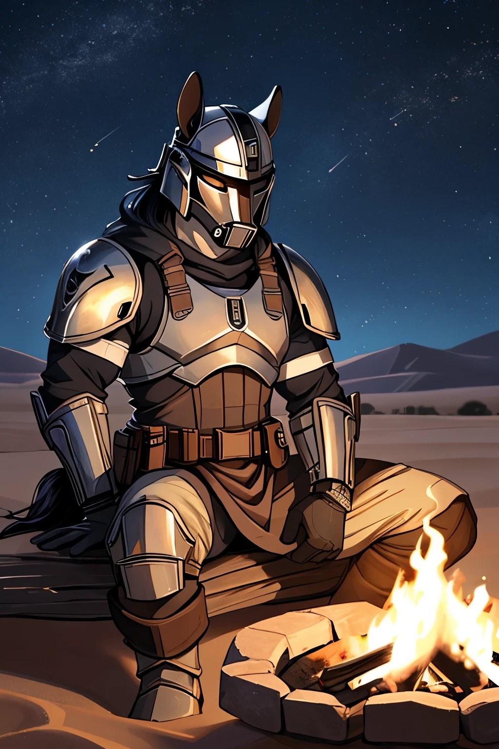 solo, (horse), anthro, male, anthro equine, muscles, handsome, armor, outdoors, outside, full body picture of an anthro equine in mandalorian armor with his helmet removed sitting on a tree branch near the campfire in the desert, campfire, desert, sand, night, moonlight, shiny armour, star wars, mandalorian armor, helmet removed, StarWMandalorian, 1boy, no helmet, Secluded, epic, depth of field, perfect lighting, (light particles),(best quality),(masterpiece),(ultra detailed),sharp focus,light particles, detailed eyes, looking_at_viewer, solo, furry,