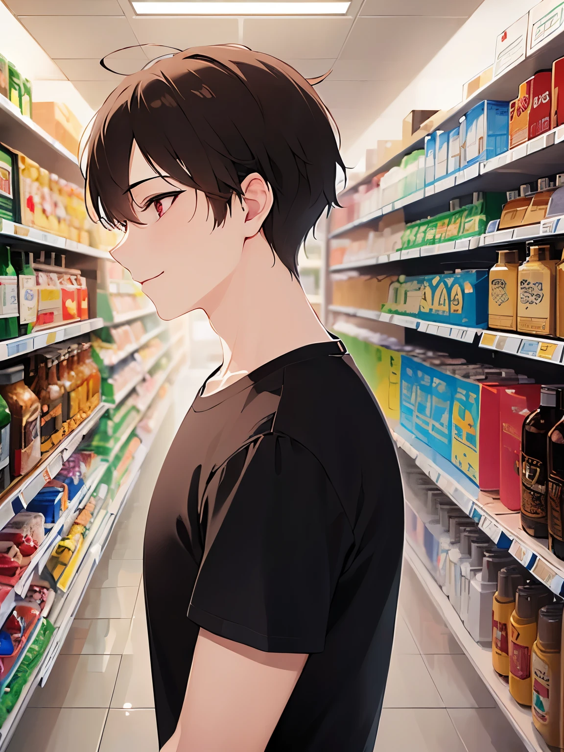 (looking away:1.5)、side angle, masterpiece、highest quality、(25 year old male:1.5) and (brown short hair) and (red eyes), Wearing a plain black T-shirt、smile、The background is a liquor store、(Alone:1.5)