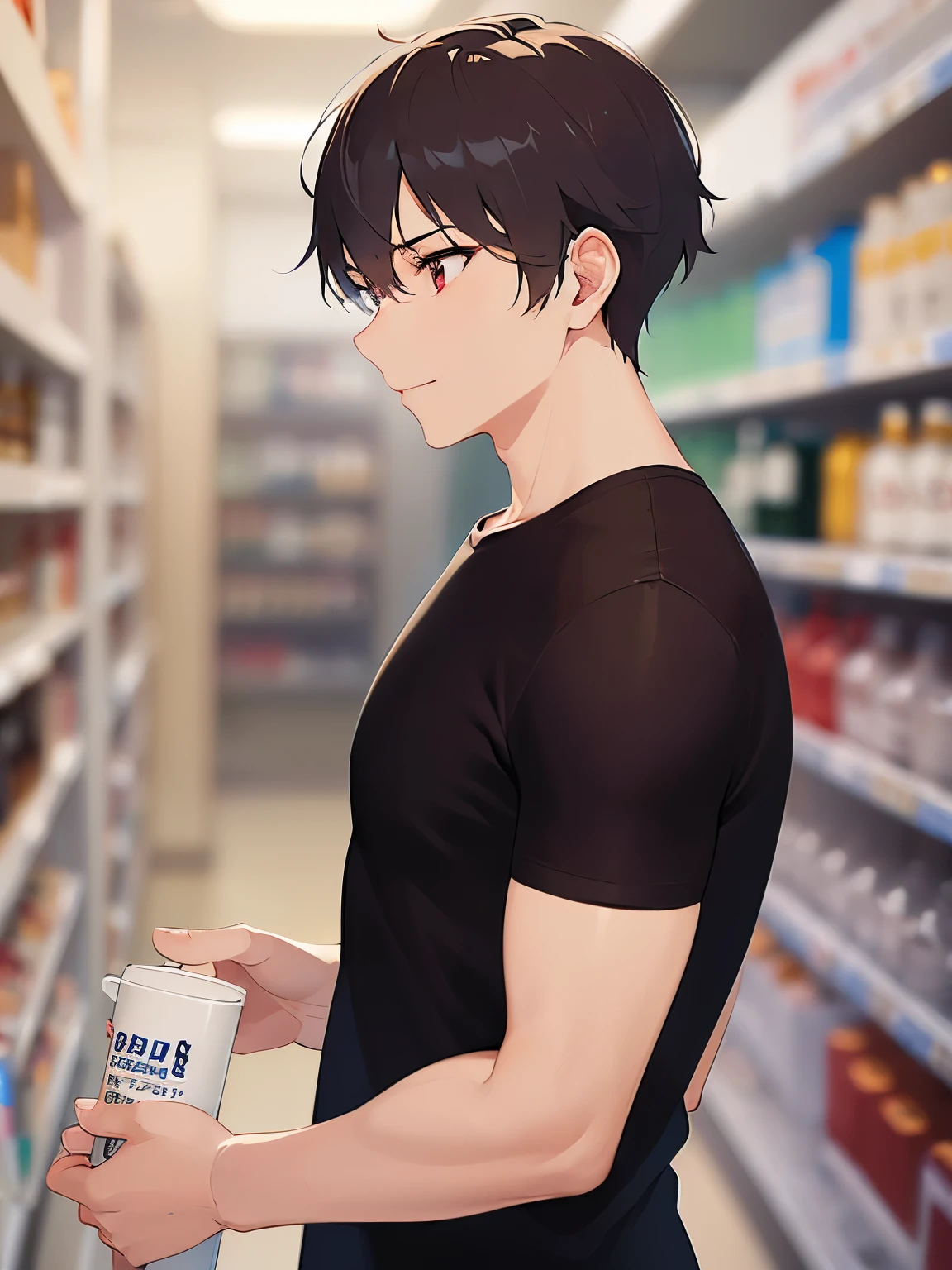(looking away:1.5)、side angle, masterpiece、highest quality、(25 year old male:1.5) and (brown short hair) and (red eyes), Wearing a plain black T-shirt、smile、The background is a liquor store、(Alone:1.5)