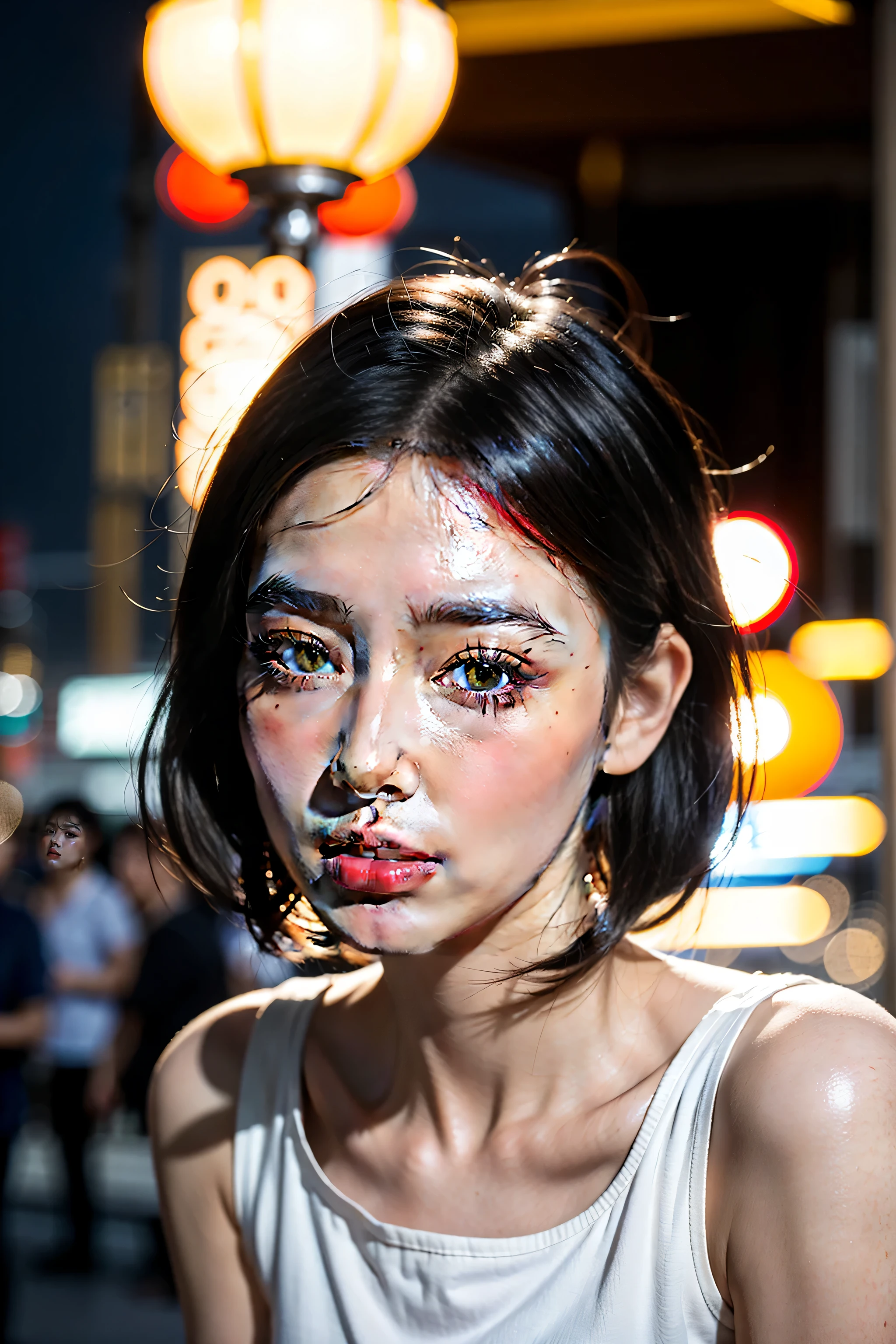 masterpiece, best quality, Miranda, (Half-body shooting,streetlight,moon),masterpiece, 1 girl, Solo exhibition, Beautiful woman on busy street, surrounded by hawkers, Beautiful goddess girl portrait, Beautiful and detailed face, porcelain skin, (((Half body photo, center, night, black hair, short hair)), super soft lighting, symmetry, complicated, grace, high detail, realism, Art, concept Art,