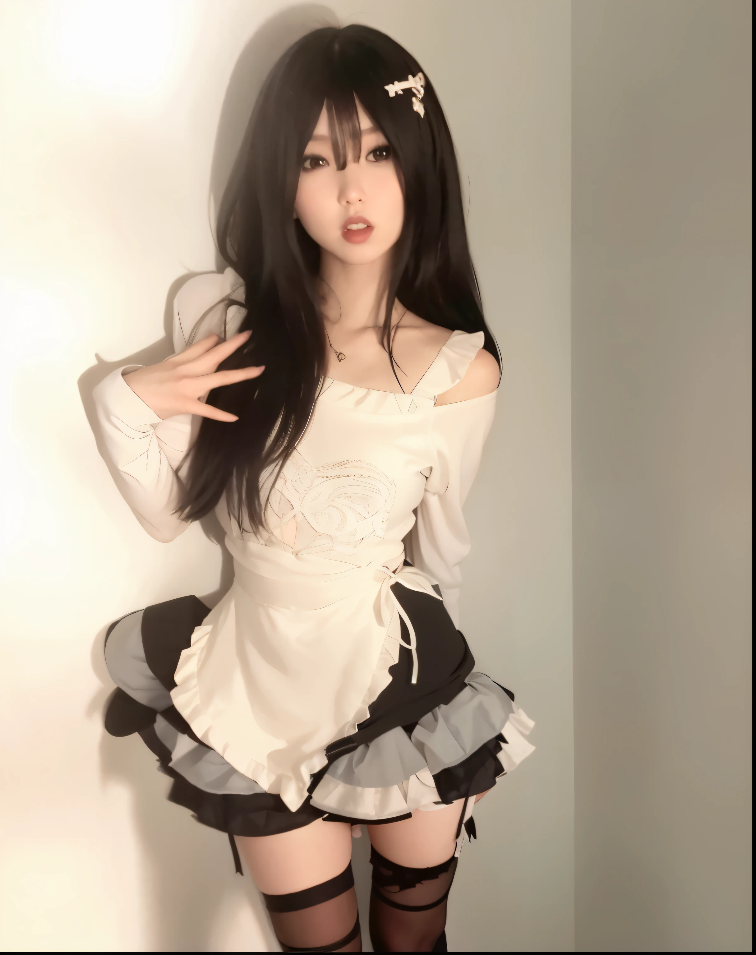 there is a woman that is posing for a picture in a skirt, full body xianxia, Urzan, White skin, Anime Girls Cosplay, pale porcelain skin, Light milky white porcelain skin, Brutal Korean Goth Girl, real life anime girls, Samu rice paste, wear clothes, pale goth beauty, japanese goddess