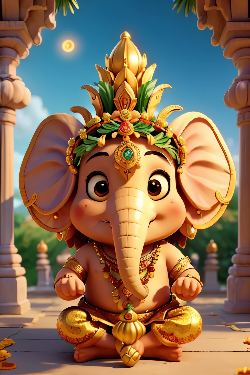 (best quality,4k,8k,highres,masterpiece:1.2),ultra-detailed,realistic:1.37,lord ganesha,traditional Indian art style,lush garden,decorated idol,lotus flower,royal attire,golden jewelry,colourful rangoli,festive atmosphere,holy chant,auspicious blessings,serene expression,sacred incense,heavenly aura,divine presence,dappled sunlight,marigold garland,ornate decorations,elaborate headgear,graceful posture,handsome elephant head,kind eyes,wisdom personified,spreading positive vibes,peace and prosperity,divine energy,harmony and unity,eternal protector,endless wisdom,remover of obstacles,celestial being,symbol of good luck,sacred symbol,beauty and divinity,swaying palm trees,majestic temple,celebration of faith,colorful celebration,divine connection,spiritual enlightenment,chanting mantras,cosmic energy,blessed souls