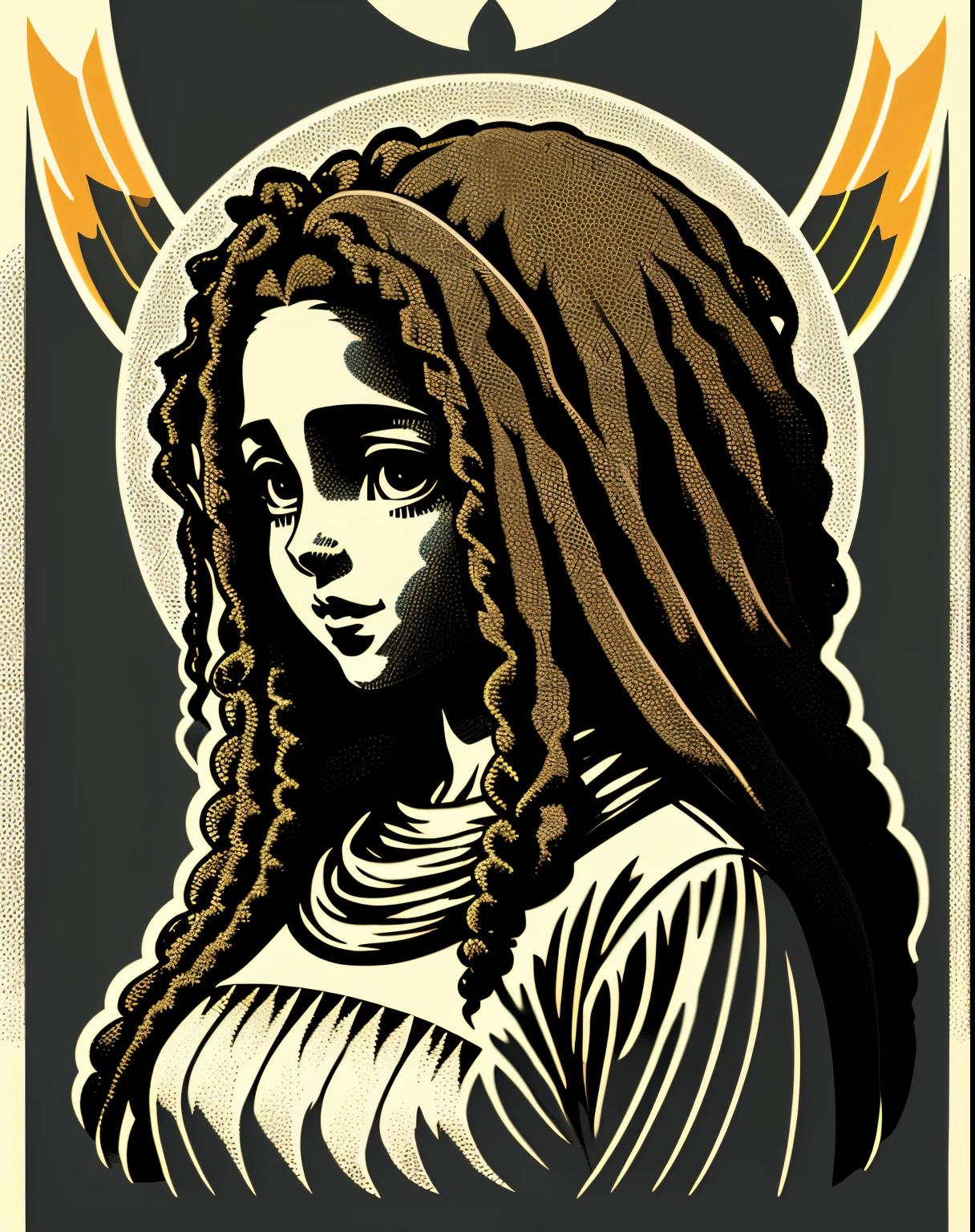 integrado, black dreadlocks skin Virgin Mary ,residencial Himmer dirigindo nas montanhas, Great detail vector graphic on a t-shirt