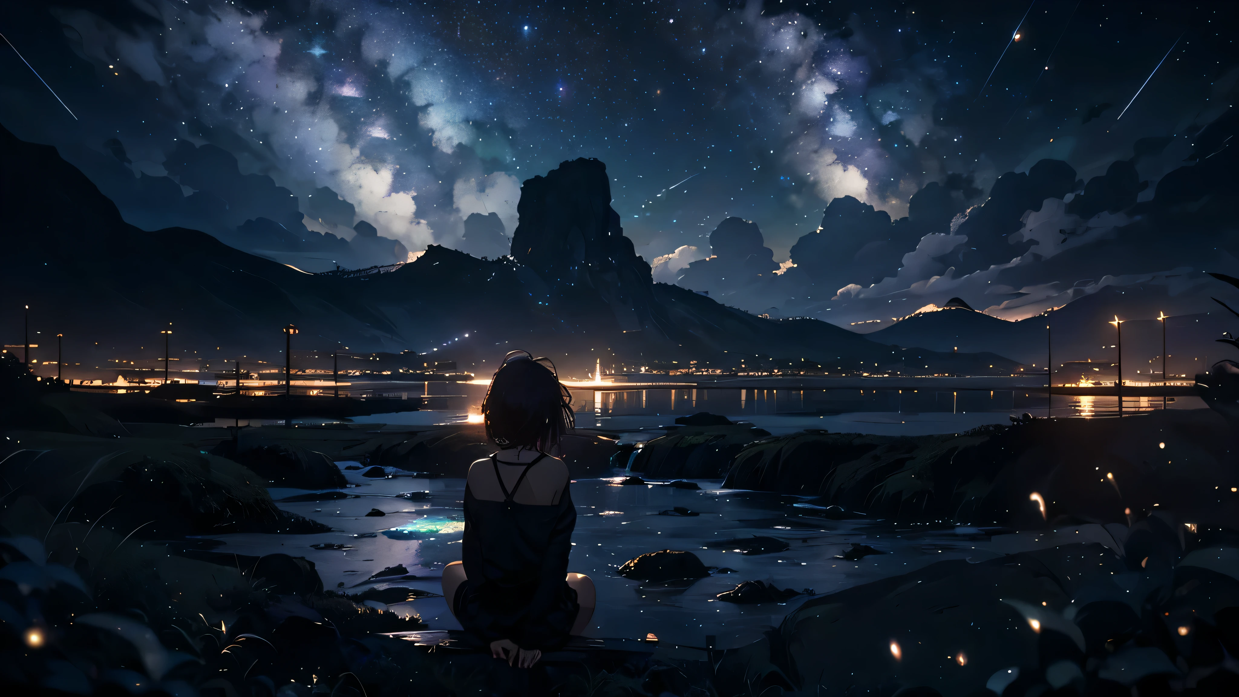 full of stars, girl thinking about space, fluffy, realistic, airglow refraction, Nikon d850 film stock photo by Lee Jeffries ,beautiful anime scenery