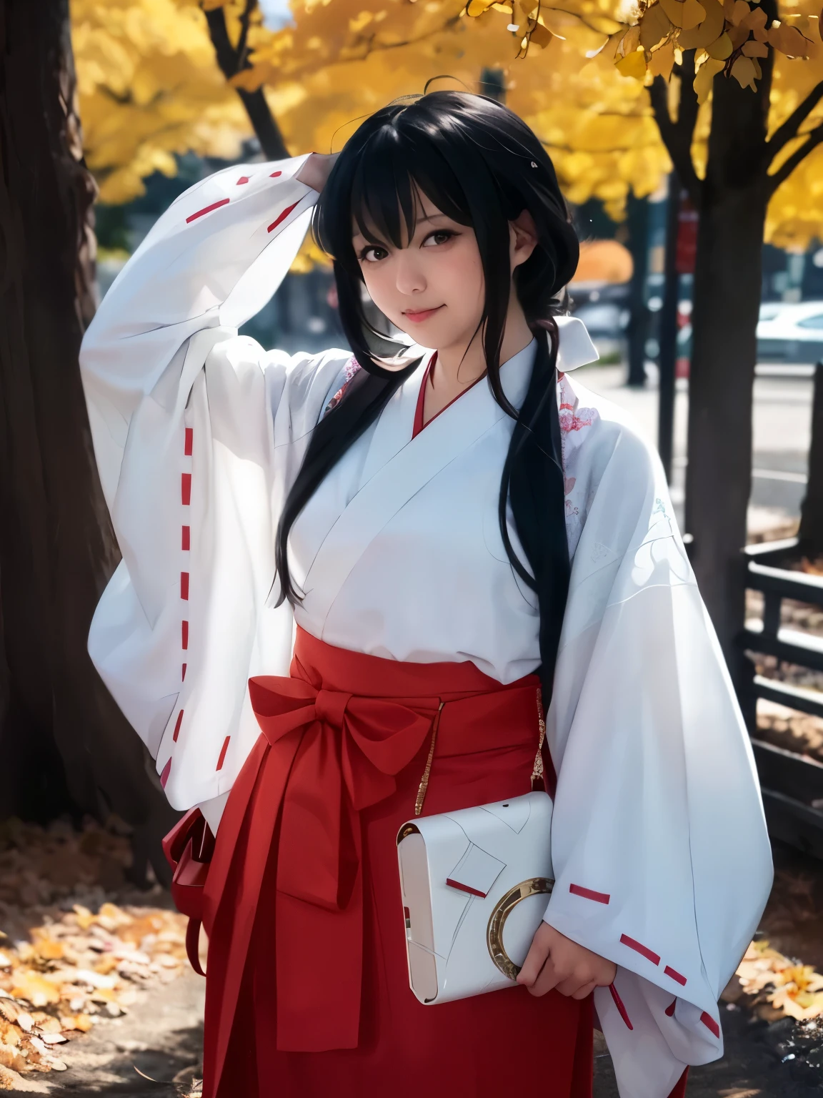 shrine maiden costume、beautiful shrine maiden、hairstyle with black hair tied in the middle、whole body、photo taken from below、shrine