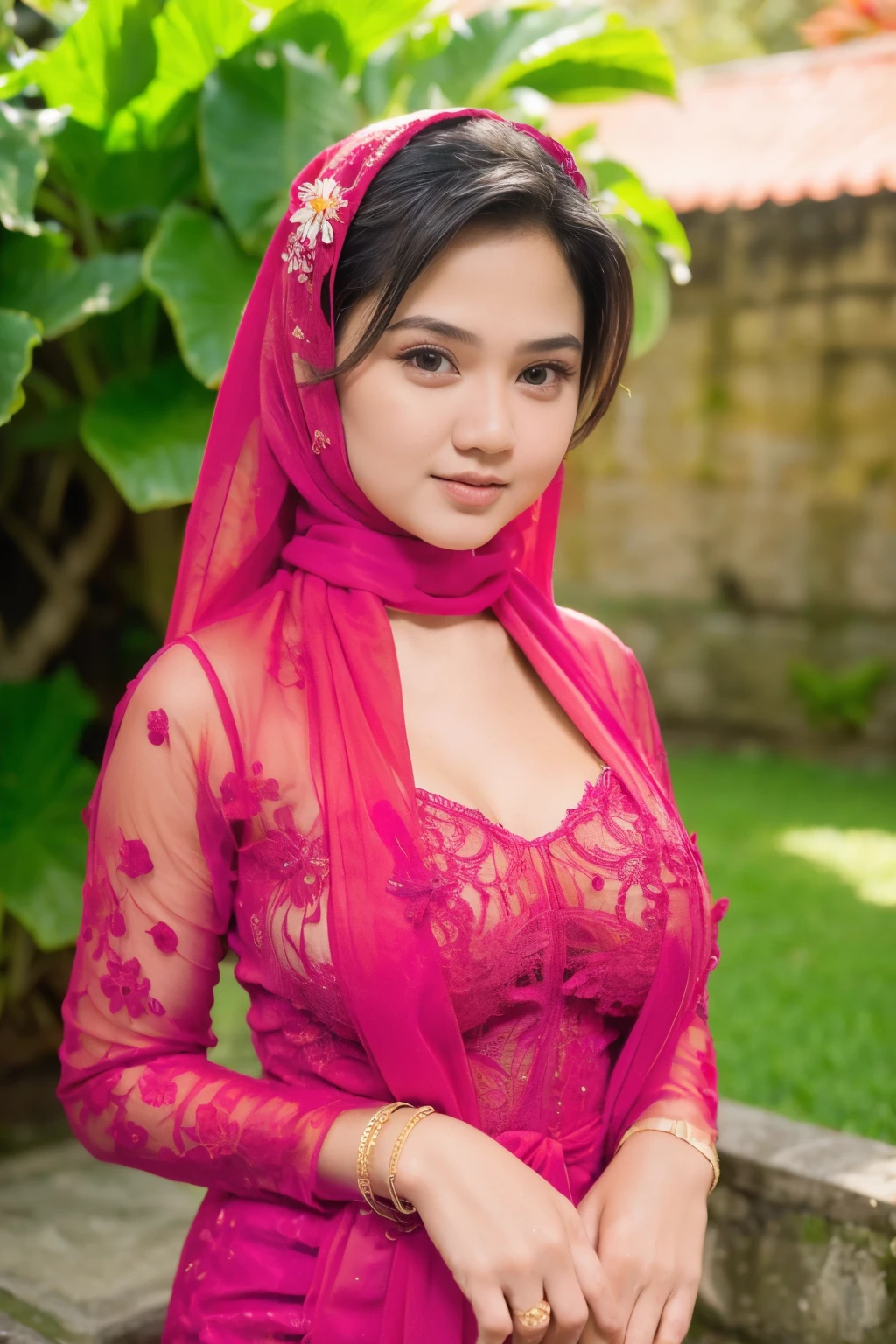 RAW, Best quality, high resolution, Masterpiece: 1.3), Beautiful Malay woman in hijab, Masterpiece, Perfect slim body, (Big breasts), Beautiful big eyes, Soft smile, Masterpiece:1.2, Best quality), Realistic, (Real picture, Intricate details, Depth of field，1 malay girl , modern plain hijab, shy, medium portrait shot , watery eyes ,droopy eyes, watery, lip glossy, horny orgasm face expression, big breast, wear java wedding woman in kebaya red dress berendra, kebaya lace, flower garden background, bokeh background, proportional body,