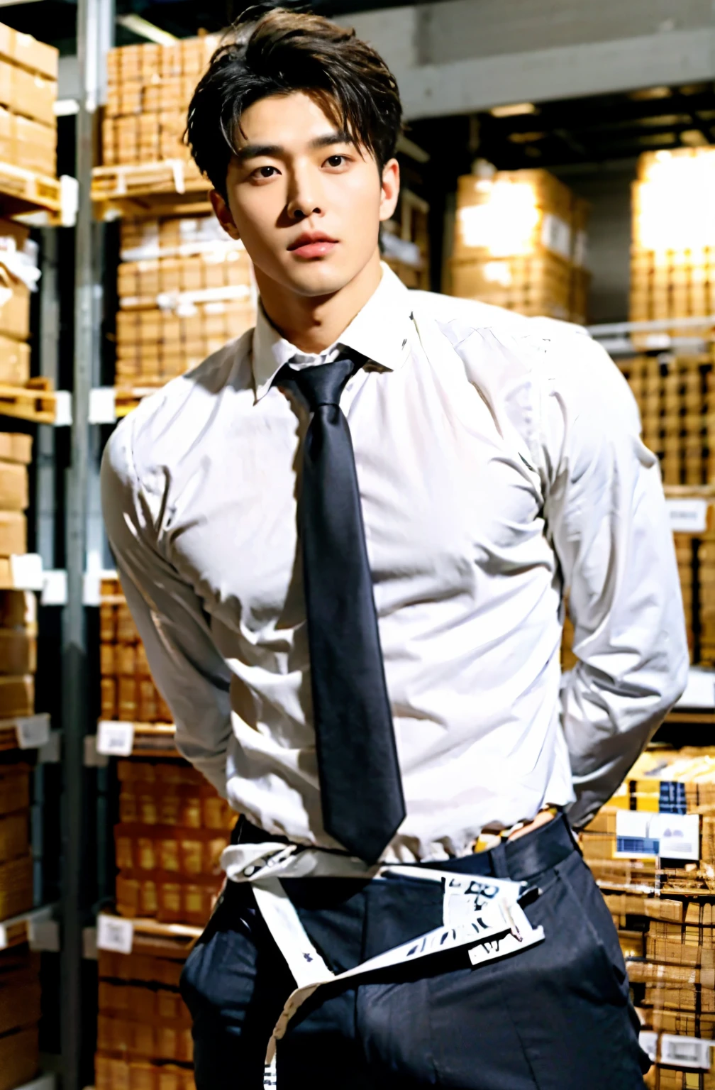 1 handsome Korean guy，29 years old，south korean diplomat，majesty， Li Yuanbin, Kim Hyung Tae, Kim Hyung Tae, Yin Shishan, Handsome Korean muscular guy，Broad shoulders and narrow waist，One wearing a shirt，The shirt is slightly open，wearing a tie，Handsome guy wearing trousers, Form-fitting fabric contours the bust，in a remote warehouse，hands tied behind back，Hands tied behind the back，hands tied behind back，Masculine and handsome，High，Muscles look good，hairy body，Wheat complexion，black eyes（thin eyes 1：3），whole body image