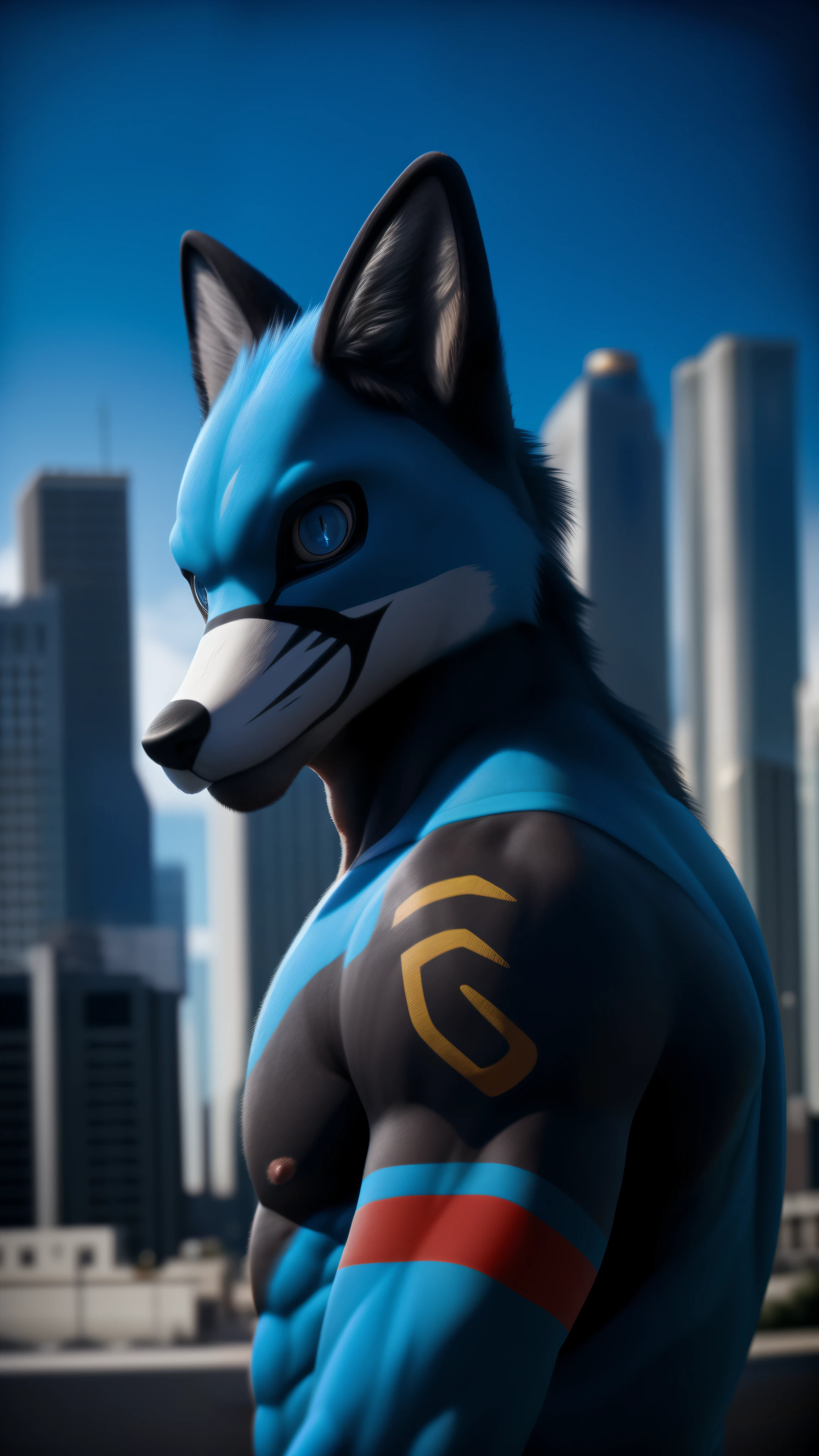 A muscular male fox fursuit with tattoos on his body and wearing a sensational Power Rangers Blue cosplay a realistic background of an ultimate realistic United States city looking at the viewer blue eyes 8K RAW photo, best quality, ultra-realistic, ultra-detailed, vignette, highly detailed, high budget, moody, epic, gorgeous, film grain