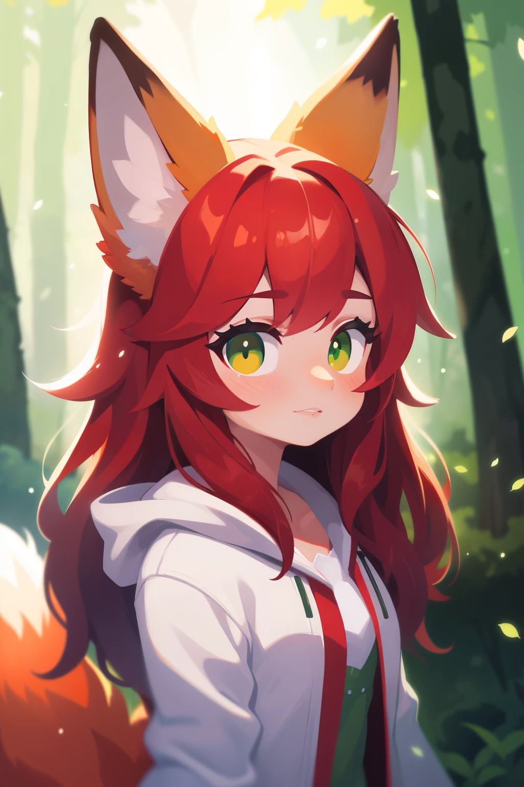 (best quality:1.5), (detailed:1.5), 1girl, foxgirl, red hair, green eyes with vertical pupil, white coat, fox ears, fox tail, enchanted forest background, soft lighting, realistic painting, vibrant colors, mystical atmosphere