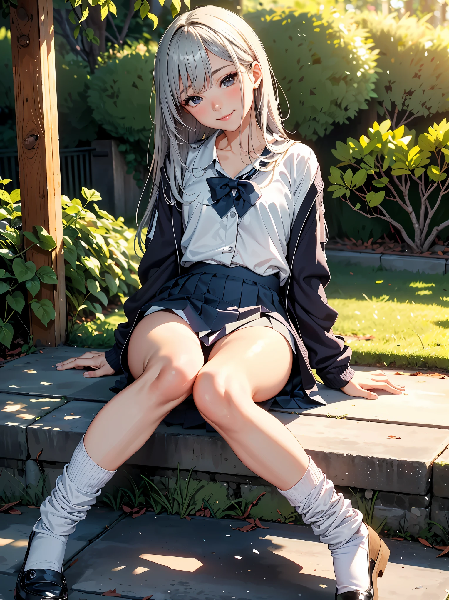 (8K, RAW photo, 最high quality, masterpiece:1.2), High-definition RAW color photo, Professional photo shoot, cinematic light, alone, (((young woman, gal))), (sharp features), (small face), (high detail skin:1.2), clavicle, cute face, beautiful appearance, long eyelashes,girl turning around, smile, (silver hair, long straight), high school student, mini skirt, lush garden, Spring flower, birds chirping, confident attitude, Capture happy moments, artistic pictures,attractive thighs, loose socks:1.2, (very fine touch:1.2), (はにかんだsmile), peaceful atmosphere, oil painting style, Bright colors, (full body portrait), smooth texture, staring eyes, beautiful skin, shiny skin, ((perfect fingers, five fingers, anatomically correct)), background bokeh, high quality, surreal, ((very detailed, photo shoot)),