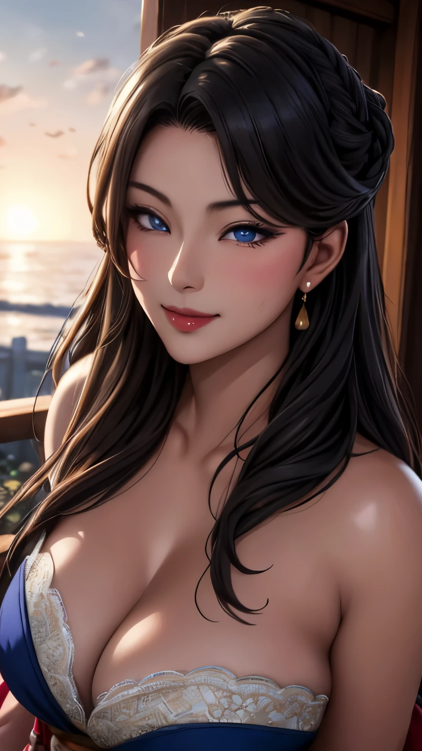 Beautiful Asian woman with a flirtatious smile, Super busty Ronin wearing a gold lace kimono, Meiji Restoration, blue eyes, focused on the audience, Jimbo&#39;s, cleavage, Drop your shoulders, hd, Uhd, WLOP, art germ, braided hairstyles, big anime eyes, realistic eyes, very detailed目, natural skin, natural skin texture, Scattered beneath the surface, calm colors, skin pores, perfect face, perfect eyes, perfect lips, supple female form, Brilliant, cinematic, film light, very detailed, surreal, masterpiece, in the atmosphere, High resolution, lively, high contrast, dark angle, 8k, hdR, 500 pixels, view from above, half body portrait