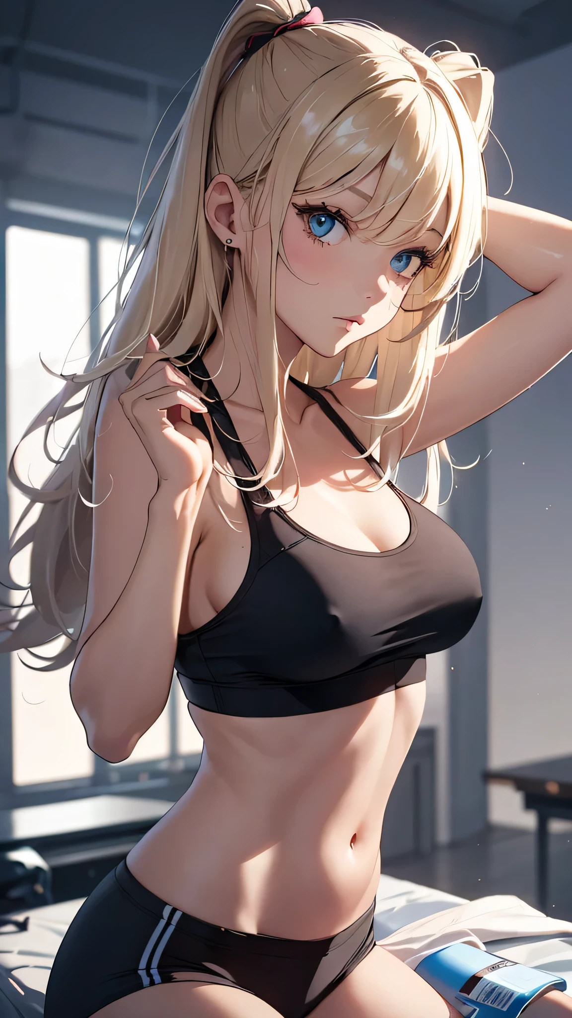 最high quality、best image quality、masterpiece、age girl((20-year-old、 By becoming、vest bust、medium bust,wide open breast tea、black eye, blonde hair、long hair、thin,highest valley、blue sports bra、Blue sports pants、Do push-ups)),high quality、beautiful art、background((black room))debris flies、Depth of written boundary、movie、visual art、perfect art、8k,genuine