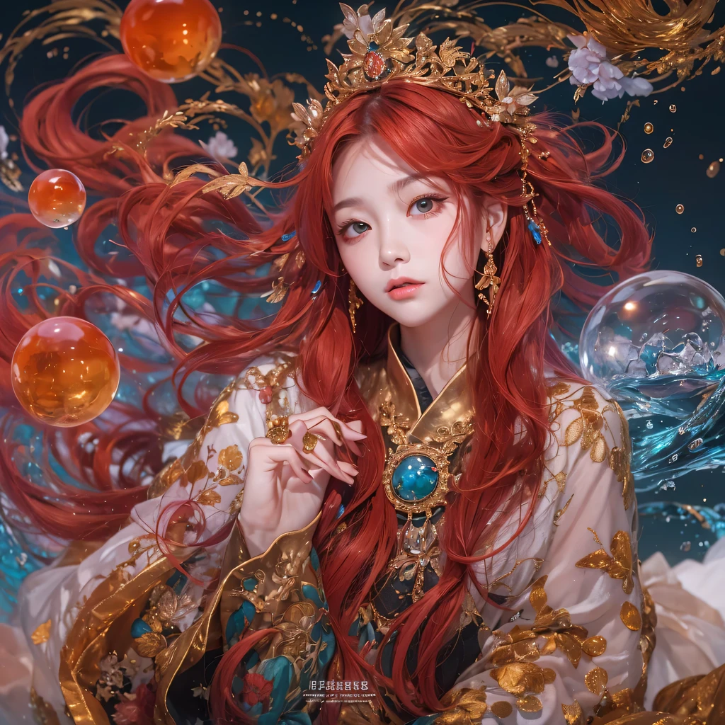 Poached egg series,red,enamel,agate,A flesh-colored world,Blood Blue Maiden 32k(masterpiece,HD,Aoyama Pond,Ultra high quality,32k)飘逸的亮red长发,blood pool,Ziddink, a color,Grumpy (After greeting), (Linen scarf), fighting stance, looking at the ground, Long red hair, Floating bright blue, Fire cloud gold headdress, 中国长袖金丝酒red服装, (Abstract metaverse splash:1.2), White background,Peony flower vitality protector(realistically:1.4),bright purple hair,Smoke on the road,The background is very pure, high resolution, detail, RAW photos, Sharp Re, Nikon D850 film photo by Jefferies Lee 4 Kodak Portra 400 camera F1.6 guns, colorful, Ultra-realistic and vivid textures, dramatic lighting, Unreal Engine Art Station Trend, Sinest 800,一个有着长长的飘逸亮red头发的女孩,huge colorful bubbles