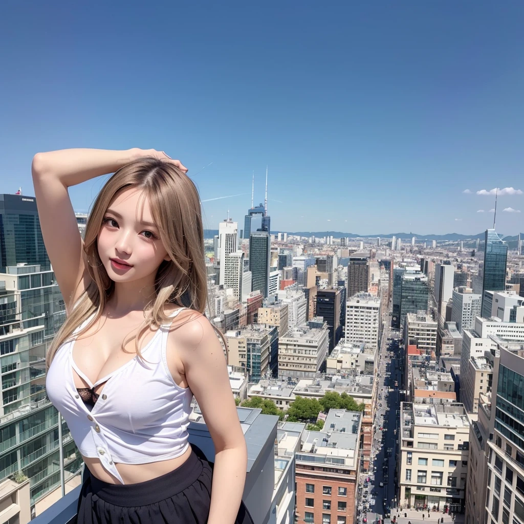 ((((flat chest)))),((highest quality)), ((masterpiece)), (Learn more), perfect face,,beautiful girl,model,Japanese,mini skirt,lift up the skirt,panties,Luxurious and gorgeous,elation,silver hair,face upwards,single lens reflex camera,A panoramic view of European cities、You can see the whole city from the rooftop