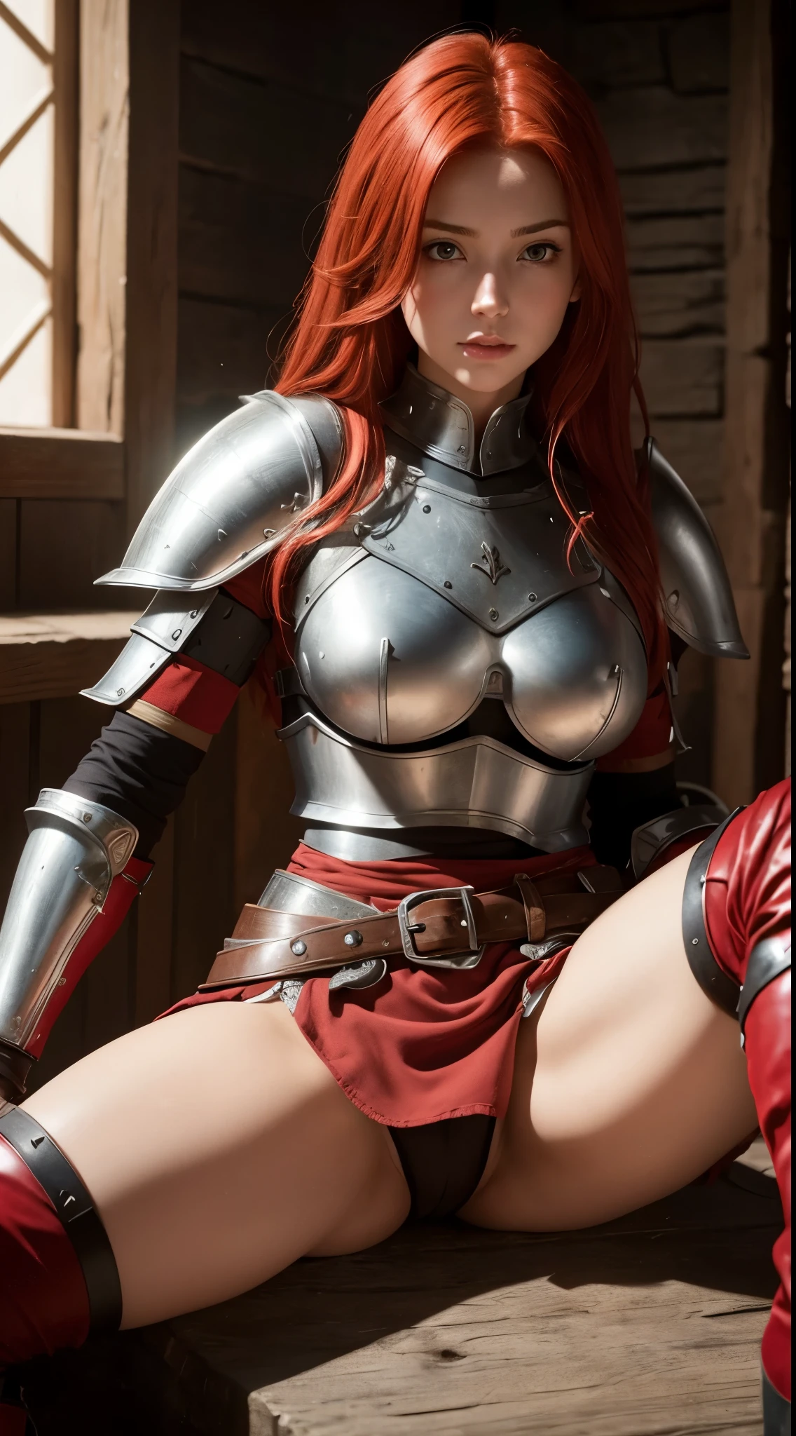 Red-haired warrior girl, young girl, pretty face, thin girl, pretty girl, skinny girl, She's wearing a plate armor, medieval armor, steel breastplate, steel gauntlets, steel gloves, (red miniskirt, sitting), spread her legs, her panties are showing, you can see her panties, underwear, pantyshot, upskirt, (cameltoe), white panties, panties appearing, medieval fantasy, Dungeons and dragons, RPG character, best quality, (masterpiece), 8k