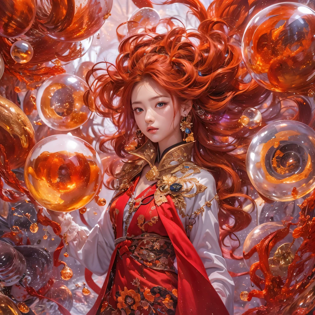 Poached egg series,red,enamel,agate,A flesh-colored world,Blood Blue Maiden 32k(masterpiece,HD,Aoyama Pond,Ultra high quality,32k)飘逸的亮red长发,blood pool,Ziddink, a color,Grumpy (After greeting), (Linen scarf), fighting stance, looking at the ground, Long red hair, Floating bright blue, Fire cloud gold headdress, 中国长袖金丝酒red服装, (Abstract metaverse splash:1.2), White background,Peony flower vitality protector(realistically:1.4),bright purple hair,Smoke on the road,The background is very pure, high resolution, detail, RAW photos, Sharp Re, Nikon D850 film photo by Jefferies Lee 4 Kodak Portra 400 camera F1.6 guns, colorful, Ultra-realistic and vivid textures, dramatic lighting, Unreal Engine Art Station Trend, Sinest 800,一个有着长长的飘逸亮red头发的女孩,huge colorful bubbles