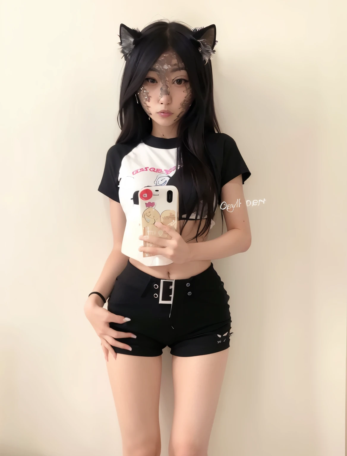 Alafi is wearing a black shirt and black shorts，There are cat ears on it, 1 8 yes, 2 5 them, 18 years old, 21 years old, 20 years, 2 zeros, 22 years old, 👅 👅, 2263539546], 23 years old, 24 year old female model