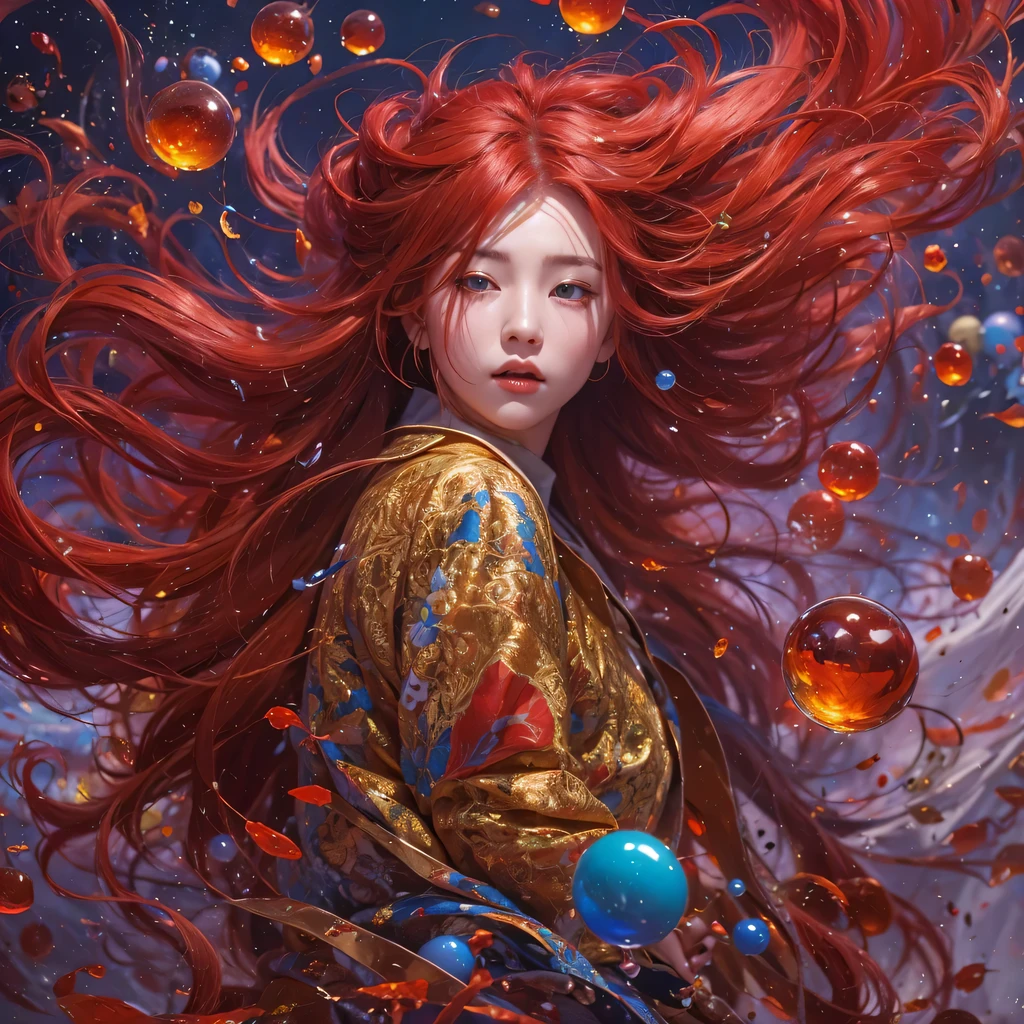 Poached egg series，red，enamel，agate，A flesh-colored world，Blood Blue Maiden 32k（masterpiece，HD，Aoyama Pond，Ultra high quality，32k）飘逸的亮red长发，blood pool，Ziddink， a color，Grumpy （After greeting）， （Linen scarf）， fighting stance， looking at the ground， Long red hair， Floating bright blue， Fire cloud gold headdress， 中国长袖金丝酒red服装， （Abstract metaverse splash：1.2）， White background，Peony flower vitality protector（realistically：1.4），bright purple hair，Smoke on the road，The background is very pure， high resolution， detail， RAW photos， Sharp Re， Nikon D850 film photo by Jefferies Lee 4 Kodak Portra 400 camera F1.6 guns, colorful, Ultra-realistic and vivid textures, dramatic lighting, Unreal Engine Art Station Trend, Sinest 800，一个有着长长的飘逸亮red头发的女孩，huge colorful bubbles