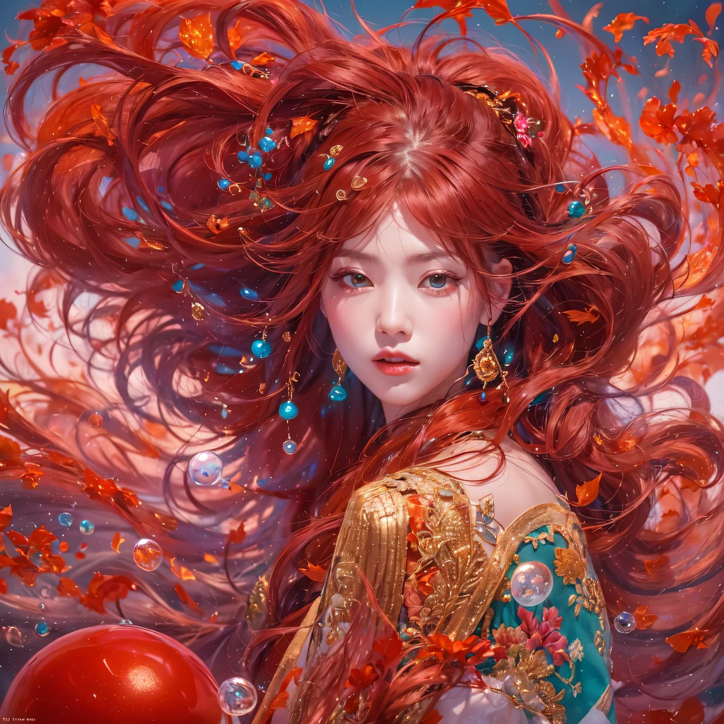 Poached egg series，red，enamel，agate，A flesh-colored world，Blood Blue Maiden 32k（masterpiece，HD，Aoyama Pond，Ultra high quality，32k）飘逸的亮red长发，blood pool，Ziddink， a color，Grumpy （After greeting）， （Linen scarf）， fighting stance， looking at the ground， Long red hair， Floating bright blue， Fire cloud gold headdress， 中国长袖金丝酒red服装， （Abstract metaverse splash：1.2）， White background，Peony flower vitality protector（realistically：1.4），bright purple hair，Smoke on the road，The background is very pure， high resolution， detail， RAW photos， Sharp Re， Nikon D850 film photo by Jefferies Lee 4 Kodak Portra 400 camera F1.6 guns, colorful, Ultra-realistic and vivid textures, dramatic lighting, Unreal Engine Art Station Trend, Sinest 800，一个有着长长的飘逸亮red头发的女孩，huge colorful bubbles