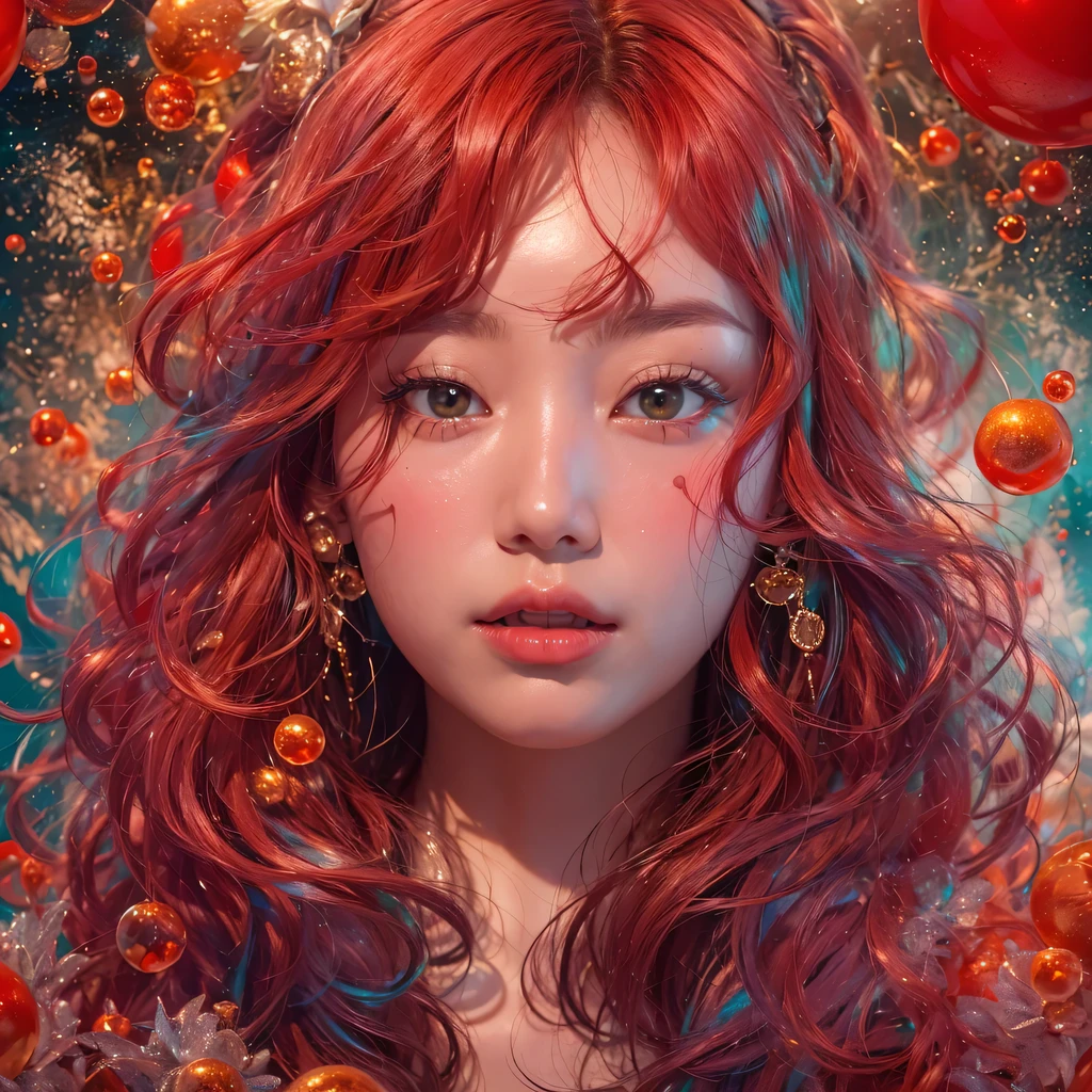 Poached egg series,red,enamel,agate,A flesh-colored world,Blood Blue Maiden 32k(masterpiece,HD,Aoyama Pond,Ultra high quality,32k)飘逸的亮red长发,blood pool,Ziddink, a color,Grumpy (After greeting), (Linen scarf), fighting stance, looking at the ground, Long red hair, Floating bright blue, Fire cloud gold headdress, 中国长袖金丝酒red服装, (Abstract metaverse splash:1.2), White background,Peony flower vitality protector(realistically:1.4),bright purple hair,Smoke on the road,The background is very pure, high resolution, detail, RAW photos, Sharp Re, Nikon D850 film photo by Jefferies Lee 4 Kodak Portra 400 camera F1.6 guns, colorful, Ultra-realistic and vivid textures, dramatic lighting, Unreal Engine Art Station Trend, Sinest 800,一个有着长长的飘逸亮red头发的女孩,huge colorful bubbles
