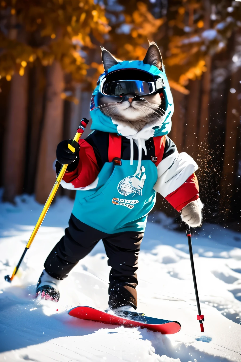 The cat is skiing with ski poles in its paws, masterpiece,cat,winter,animal wearing clothes,winter,cool,daytime,active,leisure,adventure,white,goggles,pet fashion,four-legged,photo,depth of field,no captions