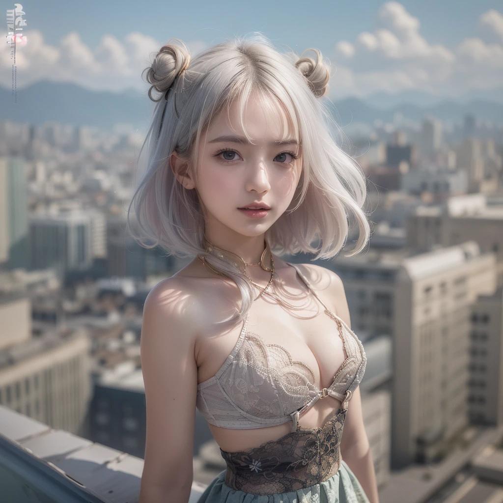 ((((flat chest)))),((highest quality)), ((masterpiece)), (Learn more), perfect face,,beautiful girl,model,Japanese,mini skirt,lift the skirt,panties,elation,white hair,face upwards,single lens reflex camera,A panoramic view of European cities、You can see the whole city from the rooftop